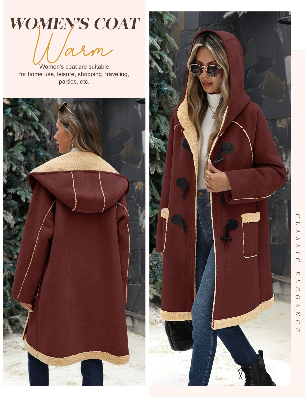 UMIPUBO Women Suede Sherpa Fleece Lined Duffle Faux Leather Coat Mid Length Hooded Toggle Jacket with Pockets, Winter Trendy Warm Outerwear(Wine Red,S)