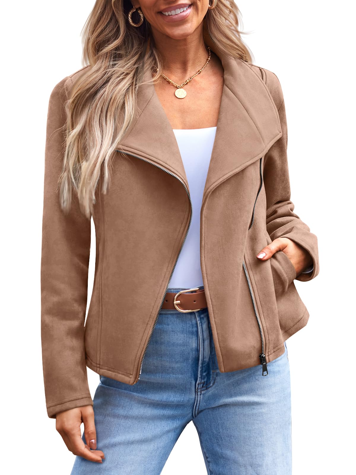 AUTOMET Women's Faux Suede Leather Jacket Cropped Open Front Cardigan Buttery Soft Lightweight Fall Coat Camel S