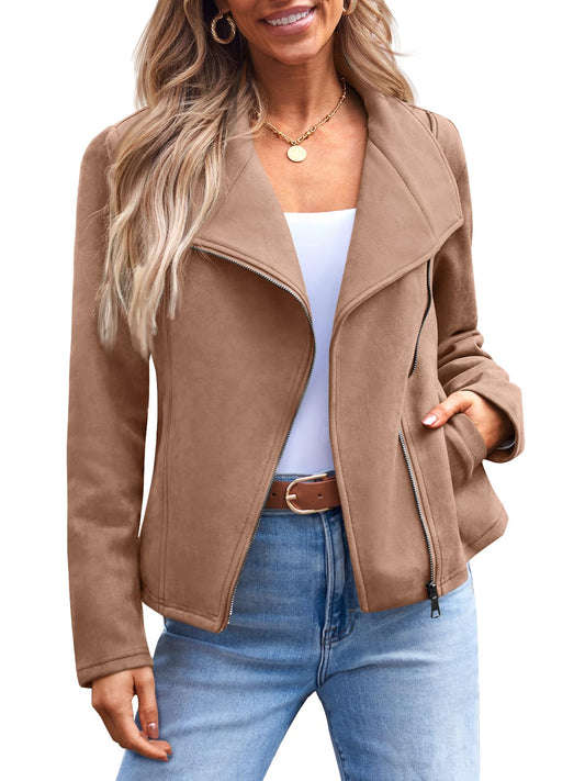 AUTOMET Women's Faux Suede Leather Jacket Cropped Open Front Cardigan Buttery Soft Lightweight Fall Coat Camel S