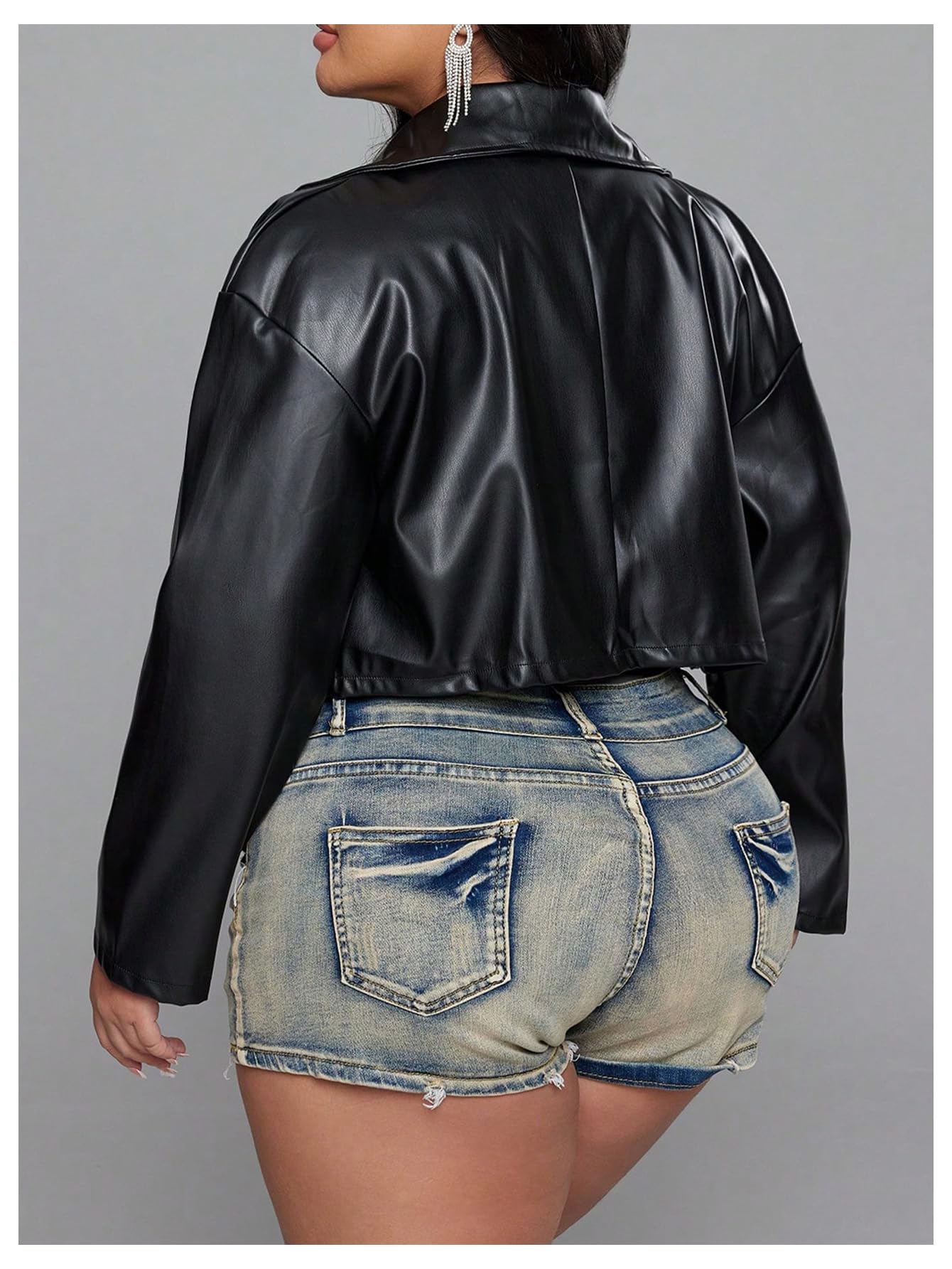 BEAUDRM Women's Plus Size Faux Leather Jacket Full Zip Long Sleeve Bomber Outerwear Crop Motorcycle Biker Coat Black X-Large Plus