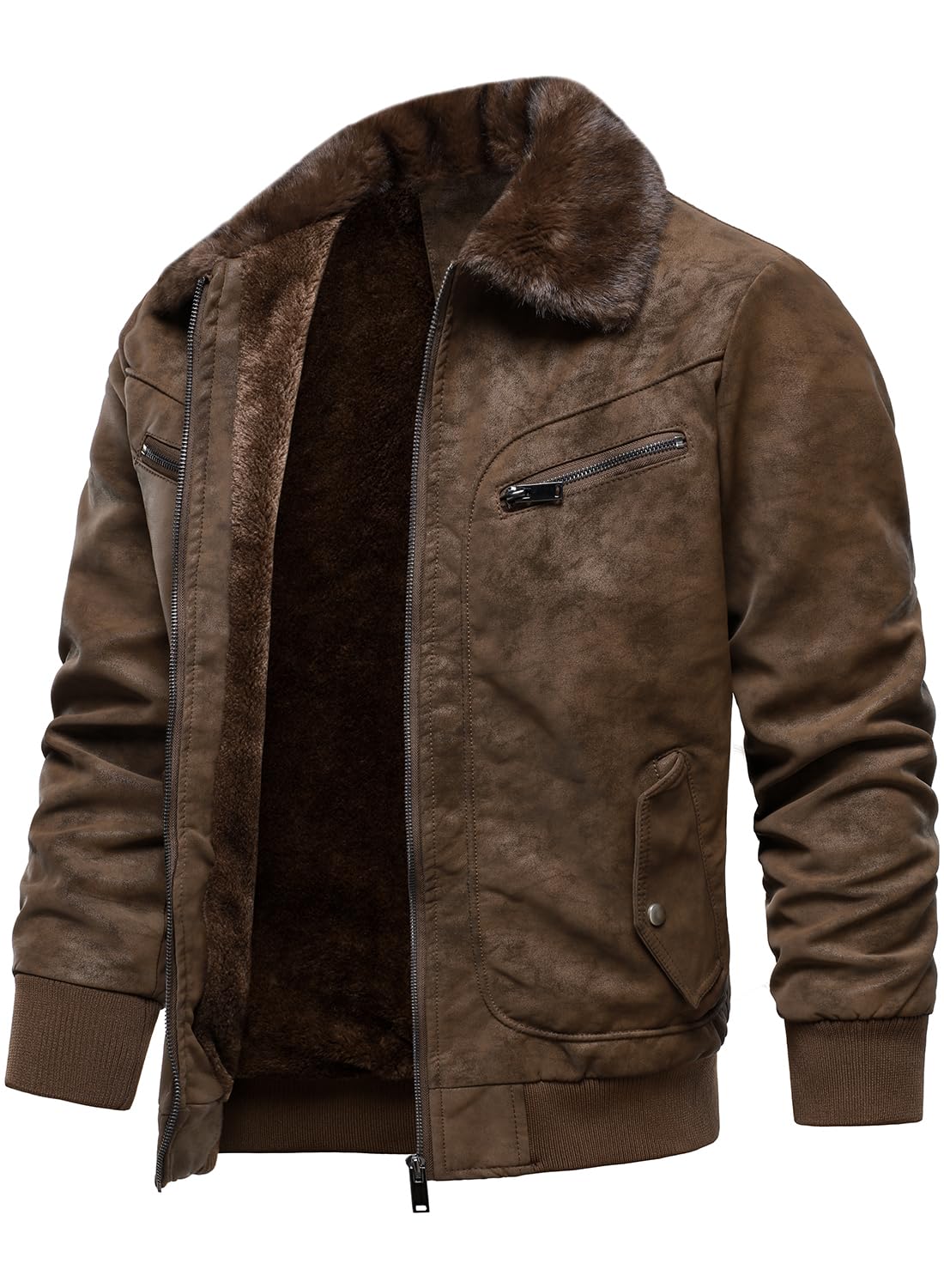 HOOD CREW Men’s Faux Fur Flight Bomber Jacket Vintage Winter Coats Fleece Lined Leather Jackets Brown L