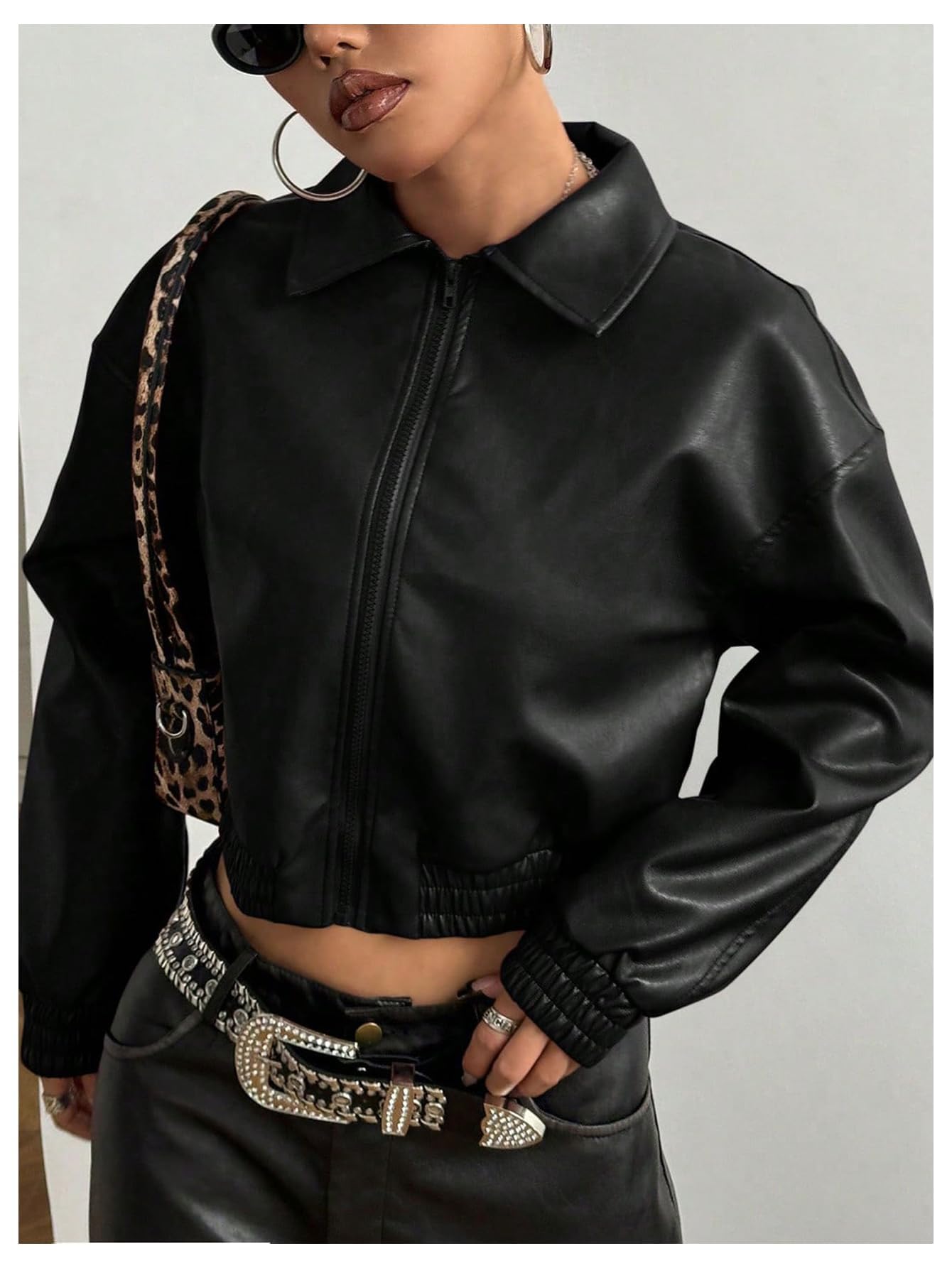 BEAUDRM Women's Y2K Faux PU Leather Jacket Crop Zip Up Motorcycle Coat Long Sleeve Drop Shoulder Motor Bike Jacket Streetwear Black Solid Large