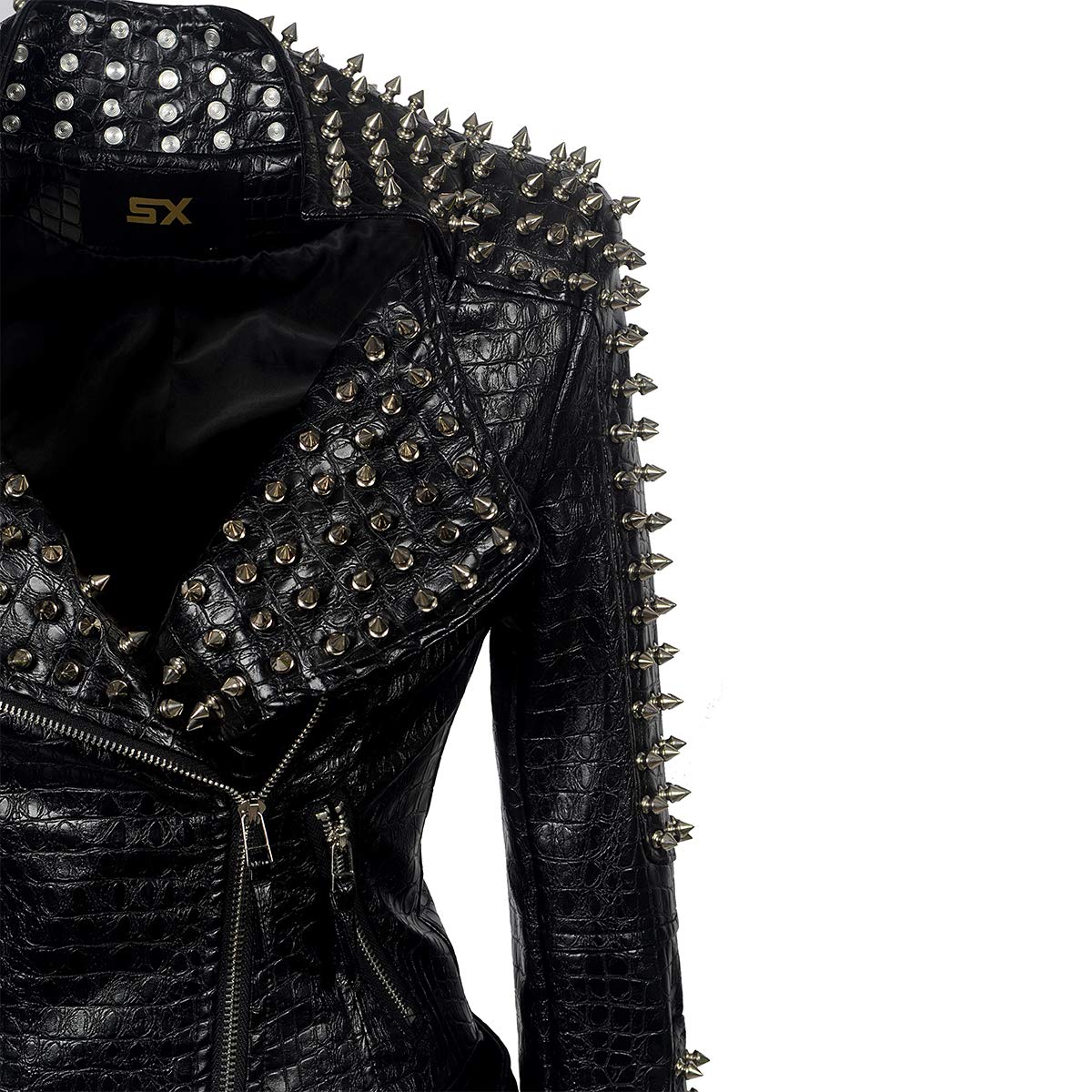 SX Women Punk Faux Leather PU Black Jacket Studded Rivet Fashion Streetwear Motorcycle Coat (L, Black)