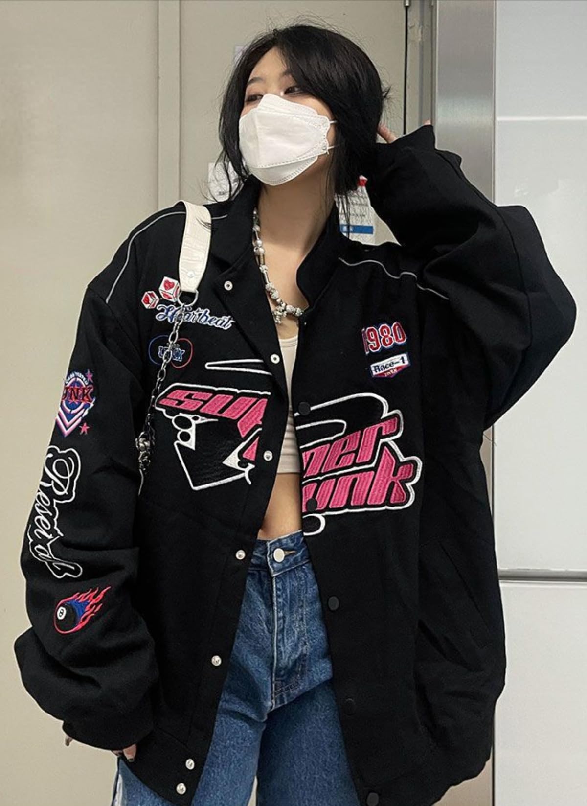 Women Y2K Vintage Varsity Jacket Hip Hop Racer Graphic Bomber Jacket Japanese Harajuku Button Up Sweatshirt Outerwear (Black,L)