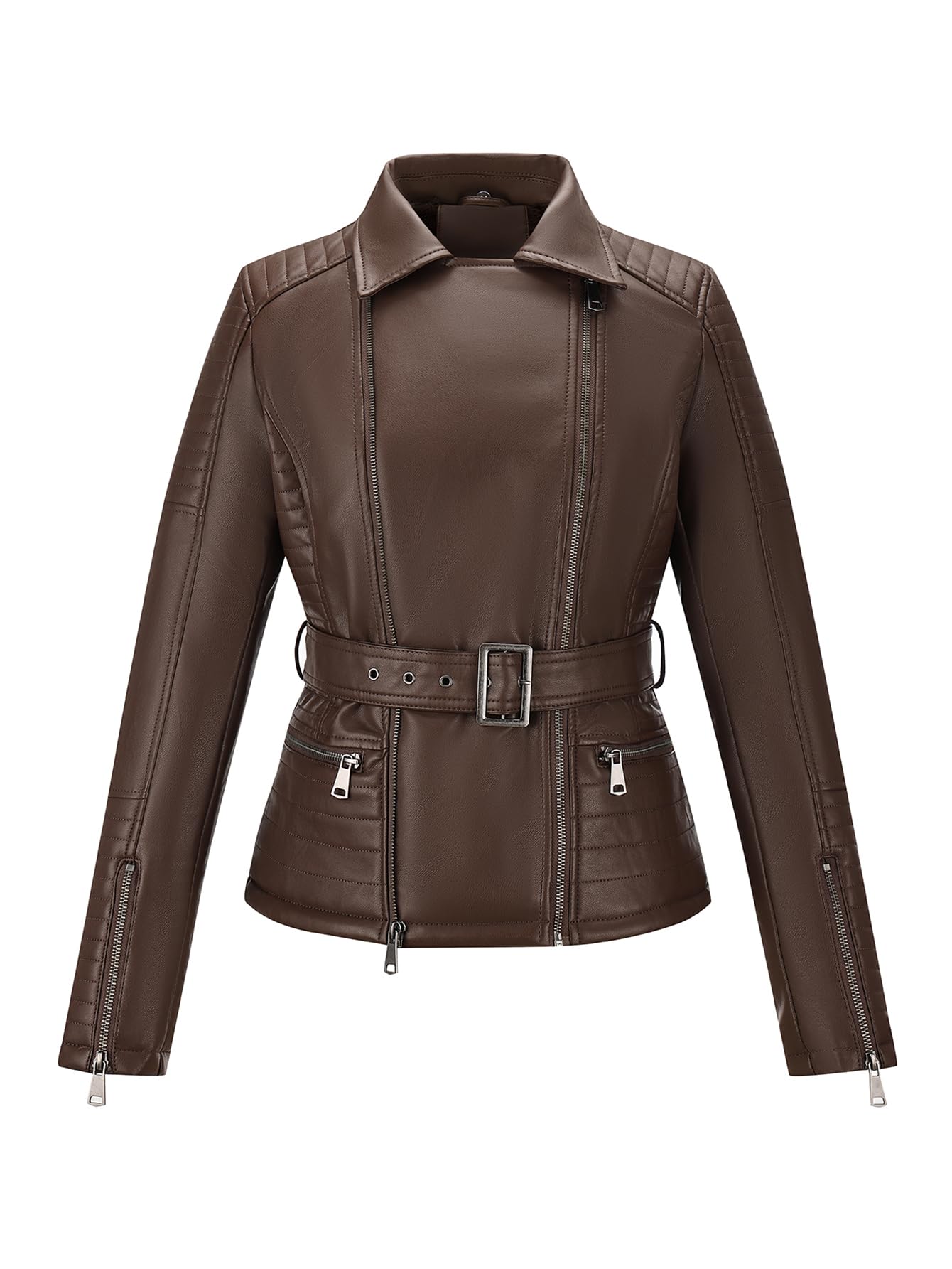 Bellivera Women's Faux Leather Jacket Moto Sherpa-Lined Coat Brown L
