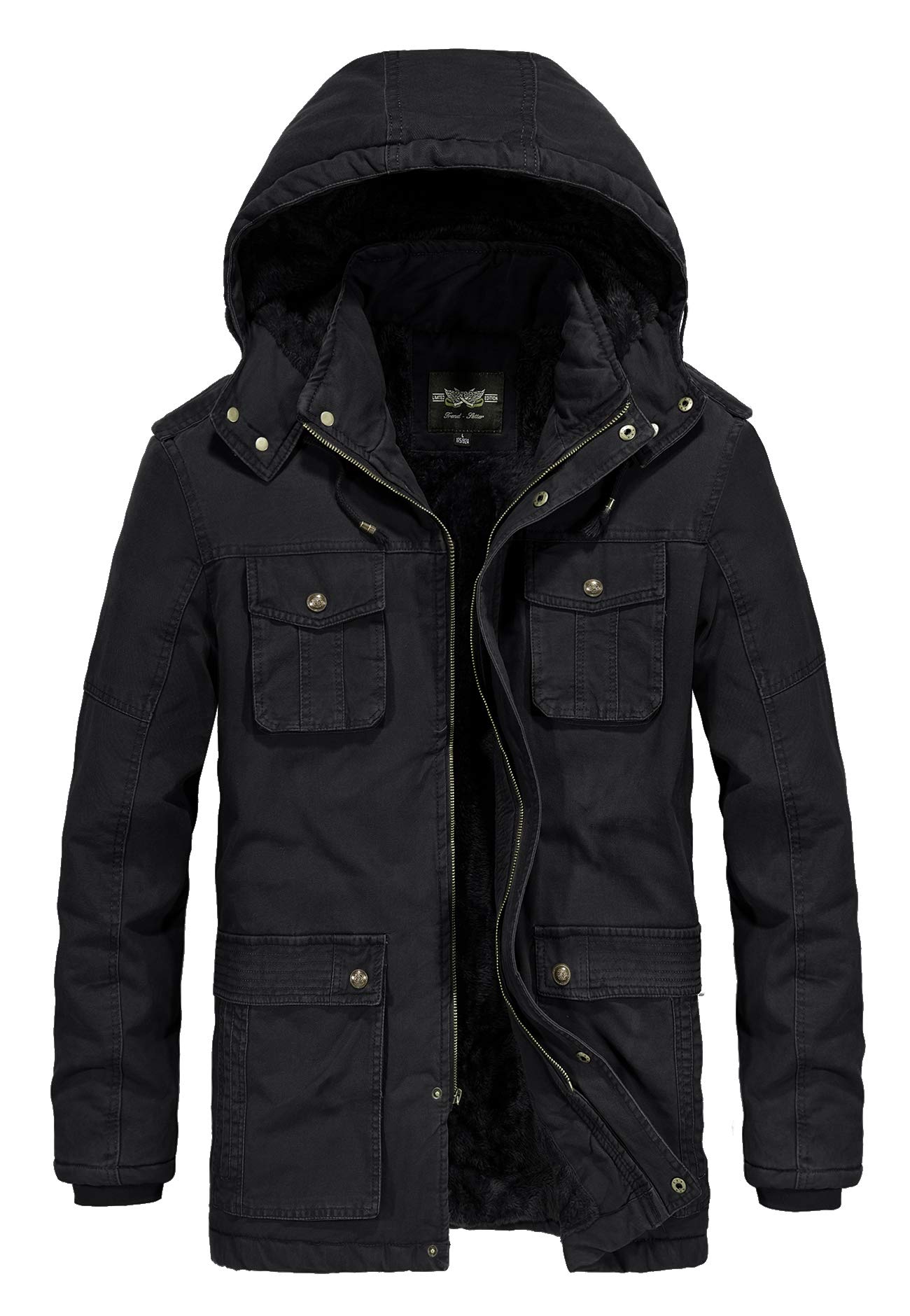 Men's Winter Thicken Coat Casual Military Parka Jacket with Removable Hood(Medium, Dark Black)