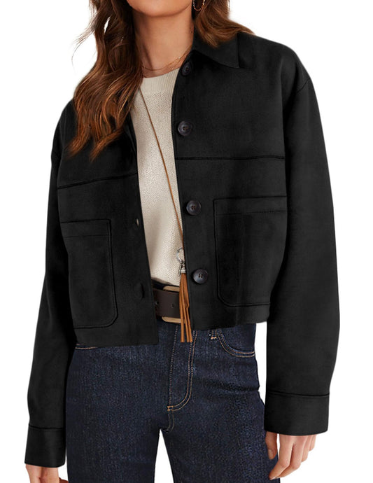 PRETTYGARDEN Women's Faux Suede Cropped Jacket Casual Lightweight Fall Fashion 2026 Winter Coats Outerwear Trendy Clothes (Black,Medium)