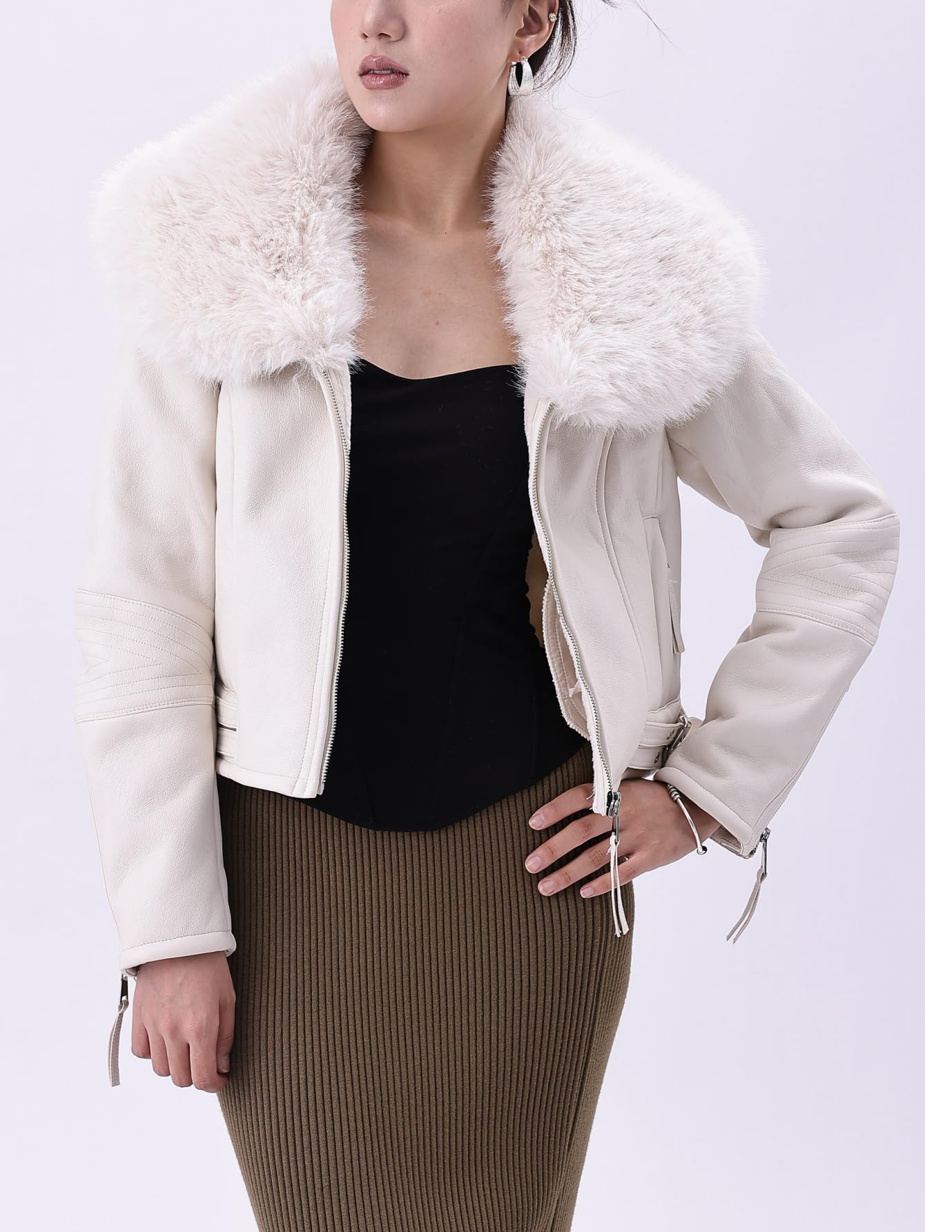 Bellivera Women's Faux Leather Aviator Sherpa Lined Winter Coat White L