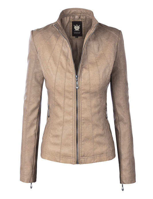 Lock and Love LL WJC877 Womens Panelled Faux Leather Moto Jacket M KHAKI