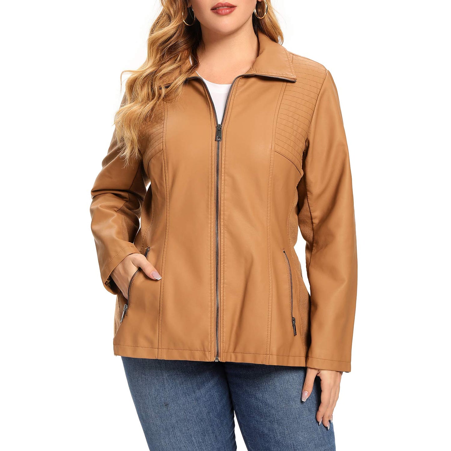 S P Y M Womens Faux Leather Jacket, Casual Fashion Quilted Zip Up Suede Coat With Elastic Rib