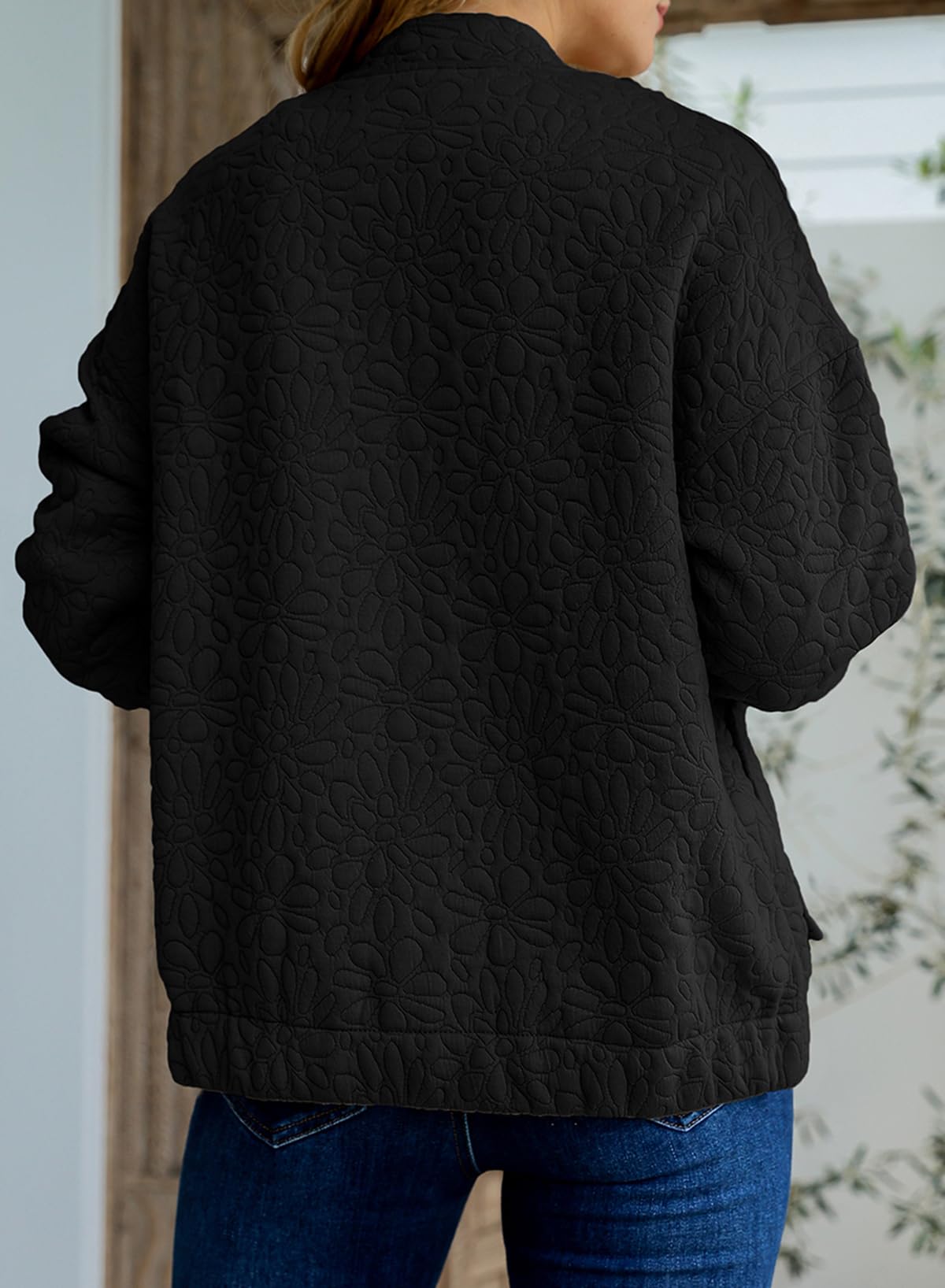 EVALESS Spring Bomber Jacket for Women Dressy Casual Summer Clothes Trendy 2025 Teacher Outfits Cute Jacquard Jackets Long Sleeve Zip Up Cropped Black Jeacket Lightweight Coat with Pockets, Medium