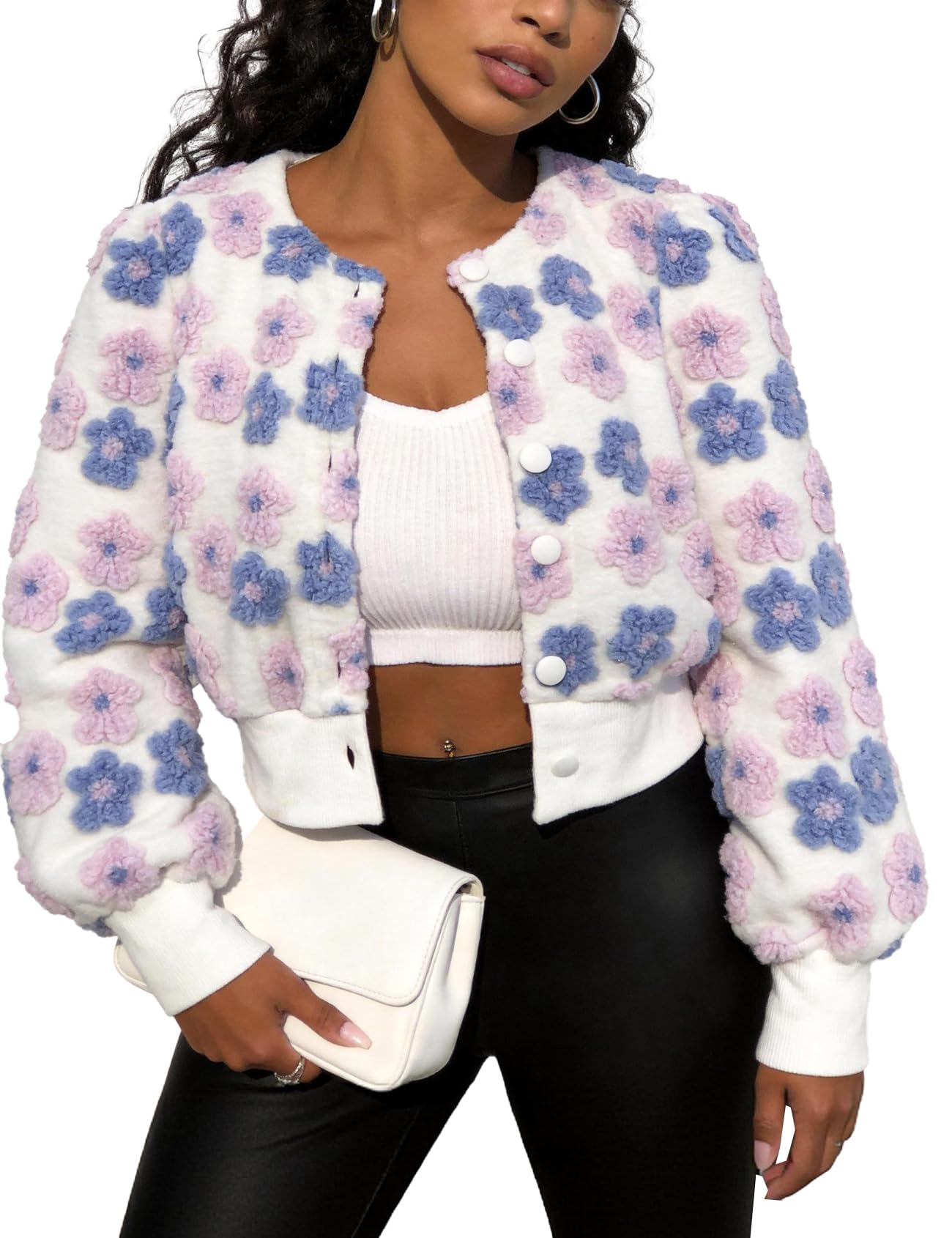 Flygo Women's Cropped Floral Print Bomber Jacket Warm Fleece Varsity Jacket Casual Button Down Puff Sleeve Coat Outerwear PurplePink-XL