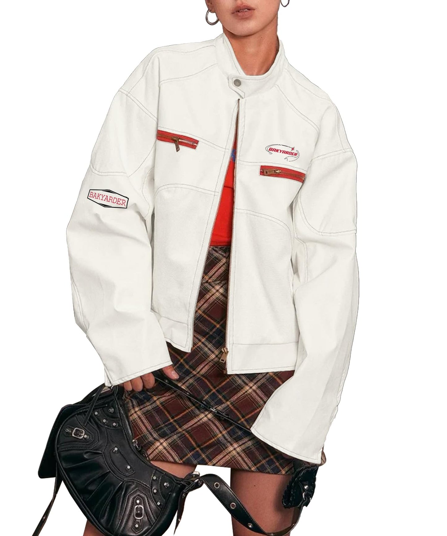 Bakyarder Biker Jacket for Women Unisex Faux Leather Long Sleeves Zip Up Streetwear Moto Coat White X-Large