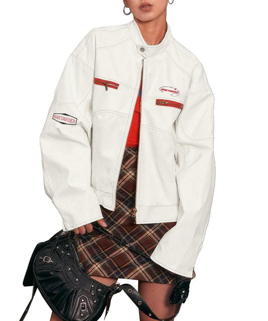 Bakyarder Biker Jacket for Women Unisex Faux Leather Long Sleeves Zip Up Streetwear Moto Coat White X-Large