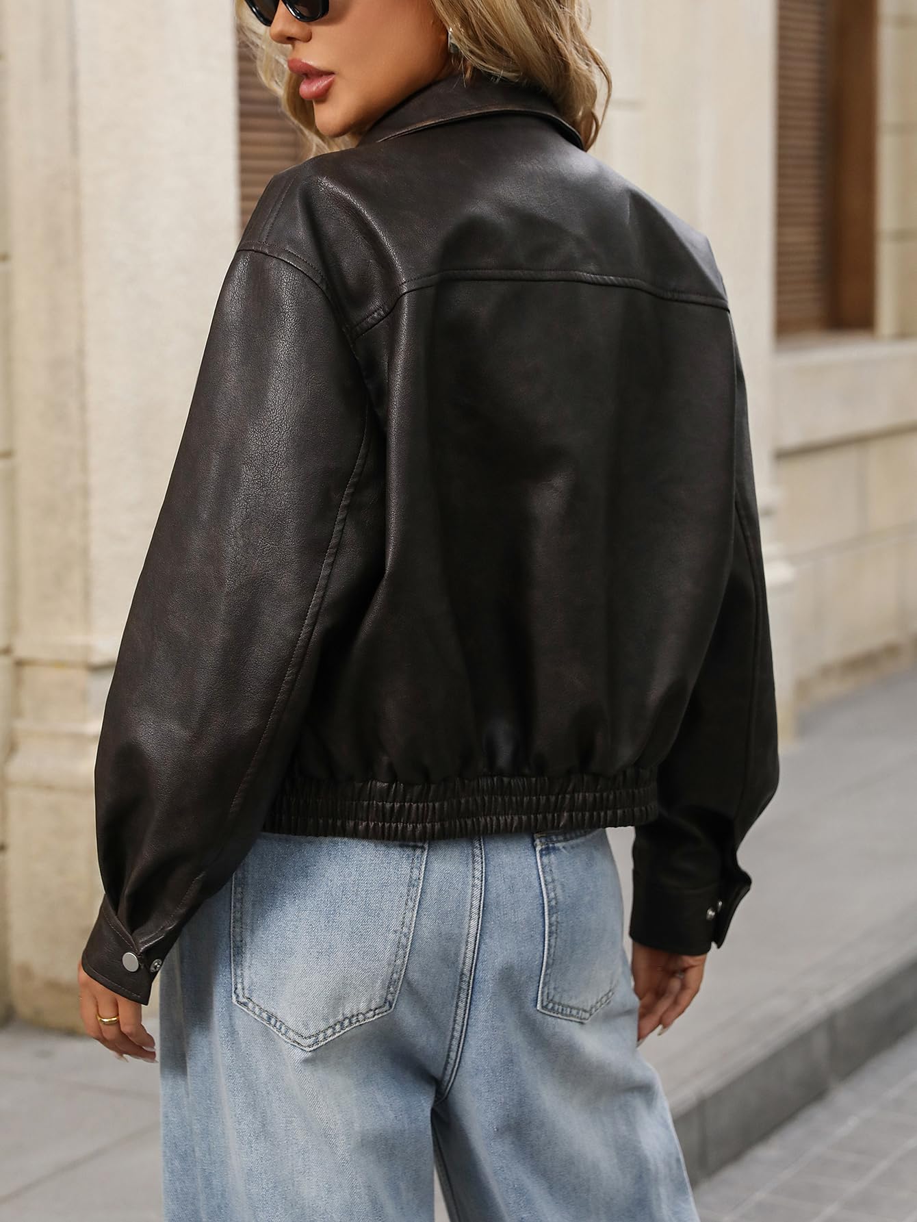 LY VAREY LIN Women Faux Leather Bomber Jacket Distressed Button Front Aviator Biker Coat