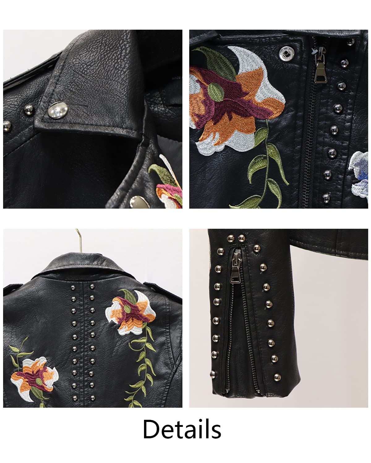 YILANUOYI Women's Embroidered Studded Faux Leather Jacket Moto Punk Jacket Floral Coat (XXL, XHPY Black)