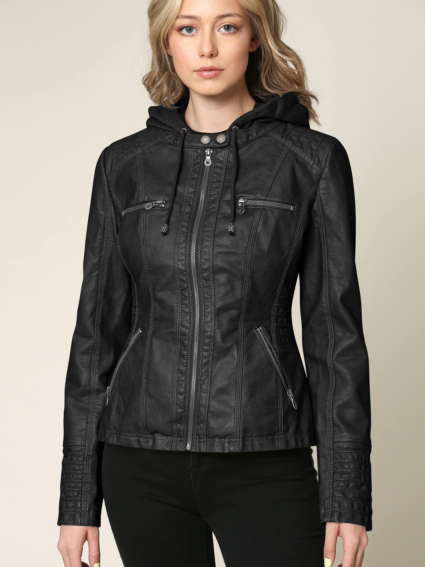 LL WJC663 Women’s Faux Leather Moto Biker Jacket with Removable Hood – Lightweight Zip-Up Coat with Pockets for Fall and Winter M Black
