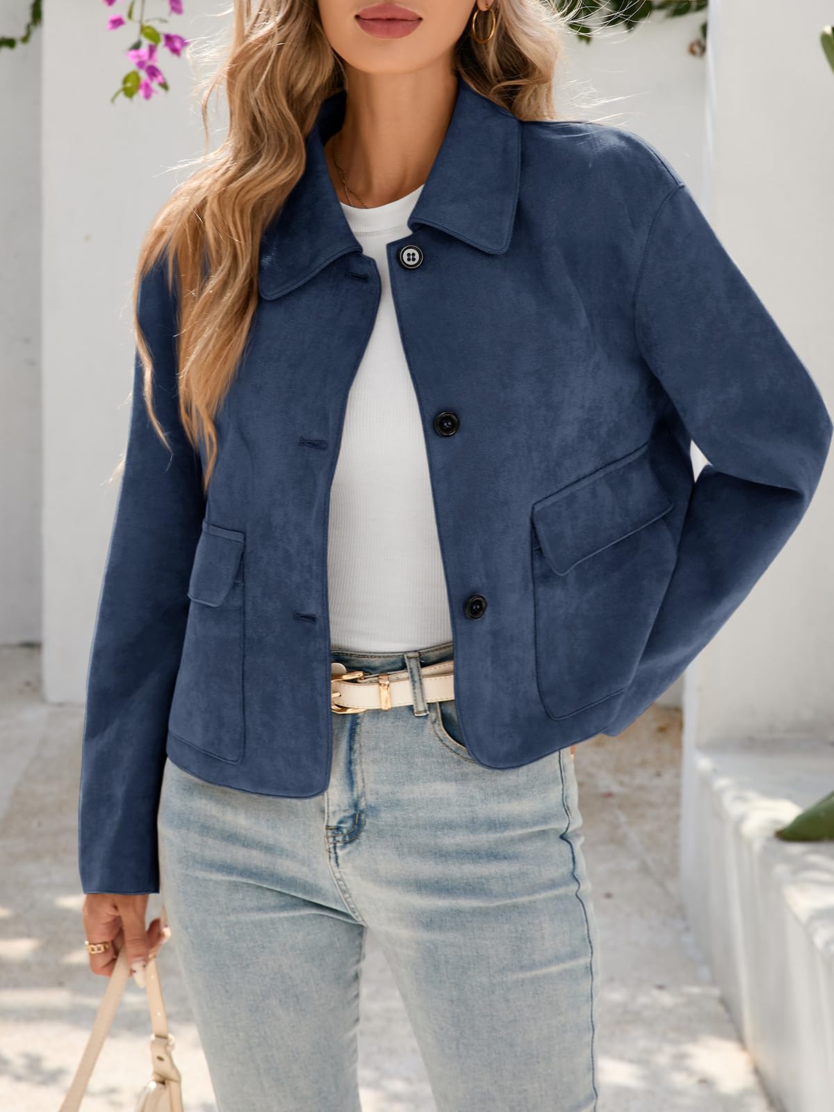 Tankaneo Womens Faux Suede Leather Jackets Casual Cropped Coats Vintage Button Down Shackets