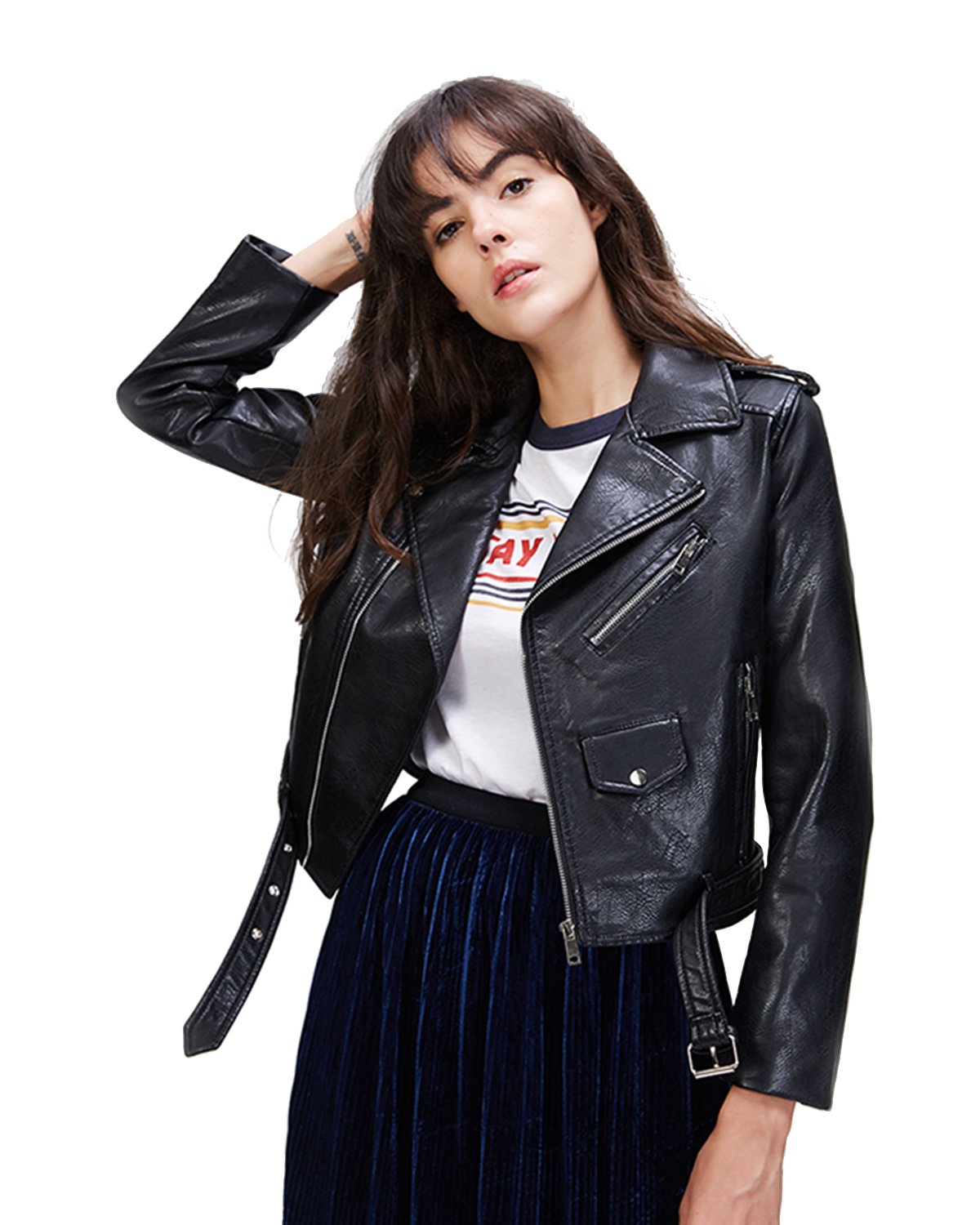 LY VAREY LIN Women's Faux Leather Motorcycle Jacket PU Slim Short Biker Coat (WS, Black,S)…