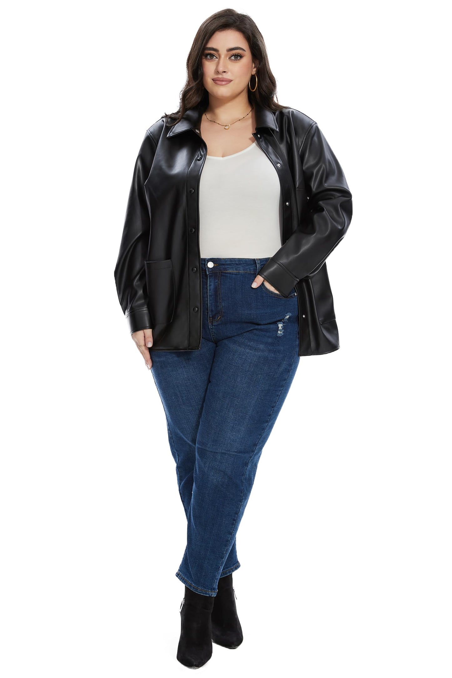 Fahsyee Women Faux Leather Shacket Moto Biker Shirts Loose Fit Blazer Long Sleeves Button Casual Jacket Plus Size S-XXL