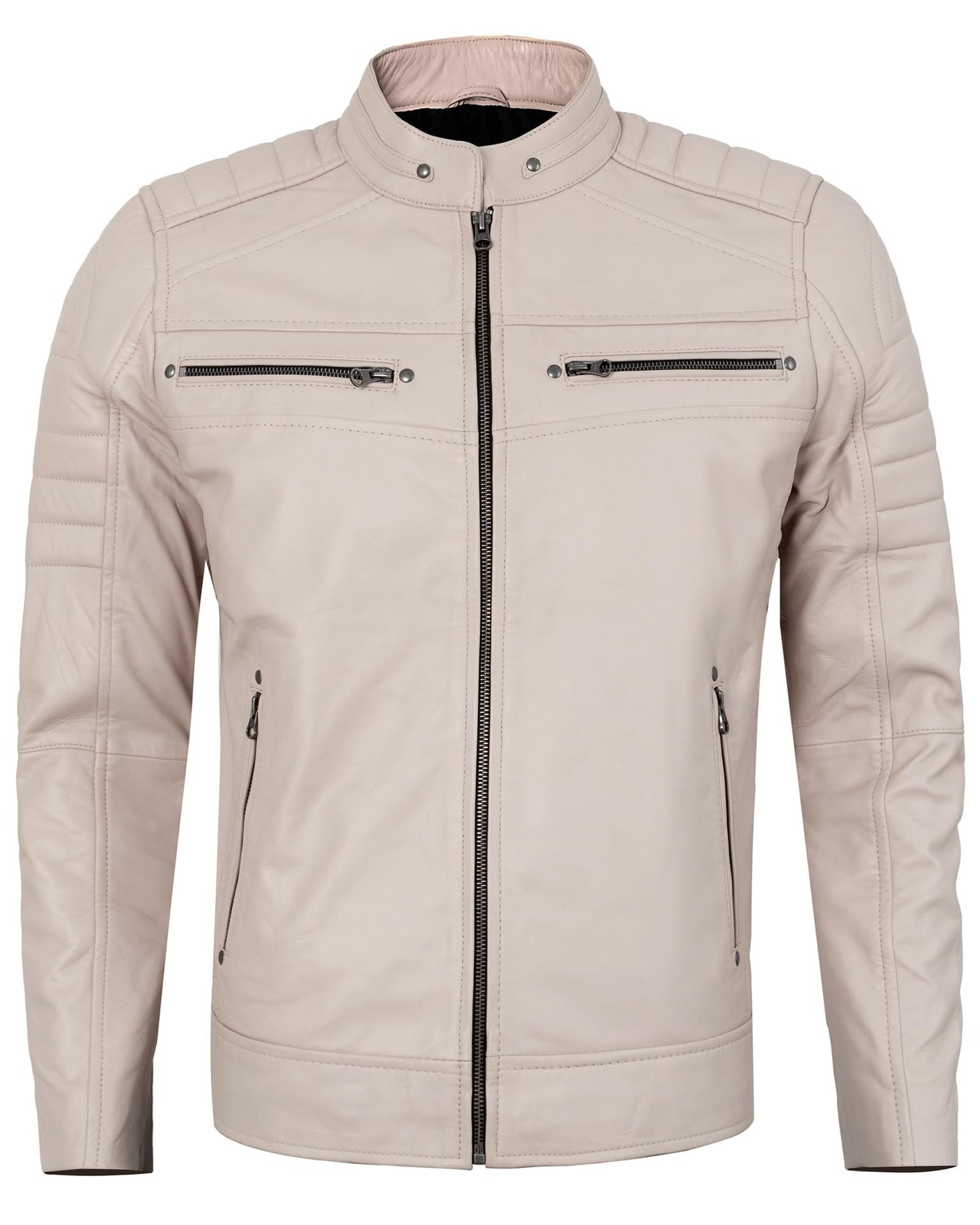 UrbanFocal Beige Leather Jacket Men - Real Lambskin Cafe Racer Leather Jackets For Mens | [101006603] Austin Beige, M