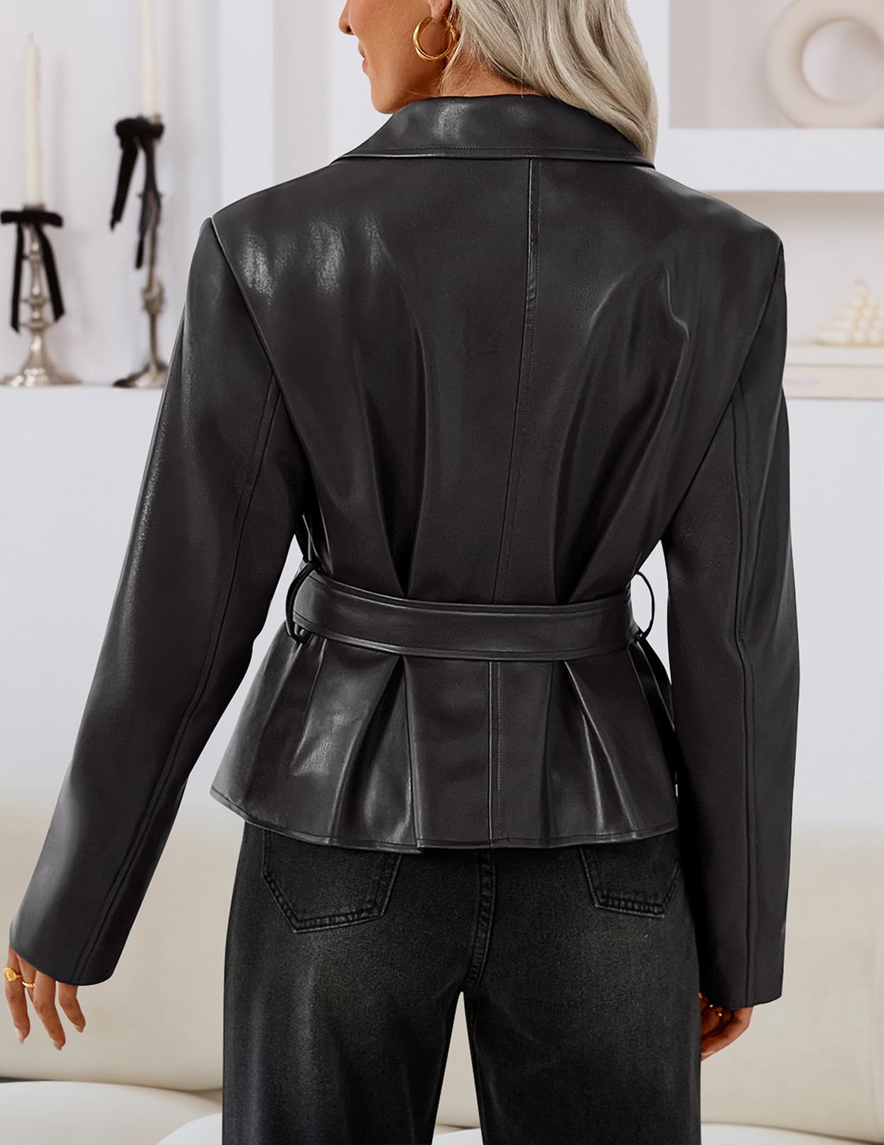 MEROKEETY Women's Fall Fashion 2025 Leather Jacket Casual Belt Button Down Blazer Trendy Coat Outerwear, Black, Large