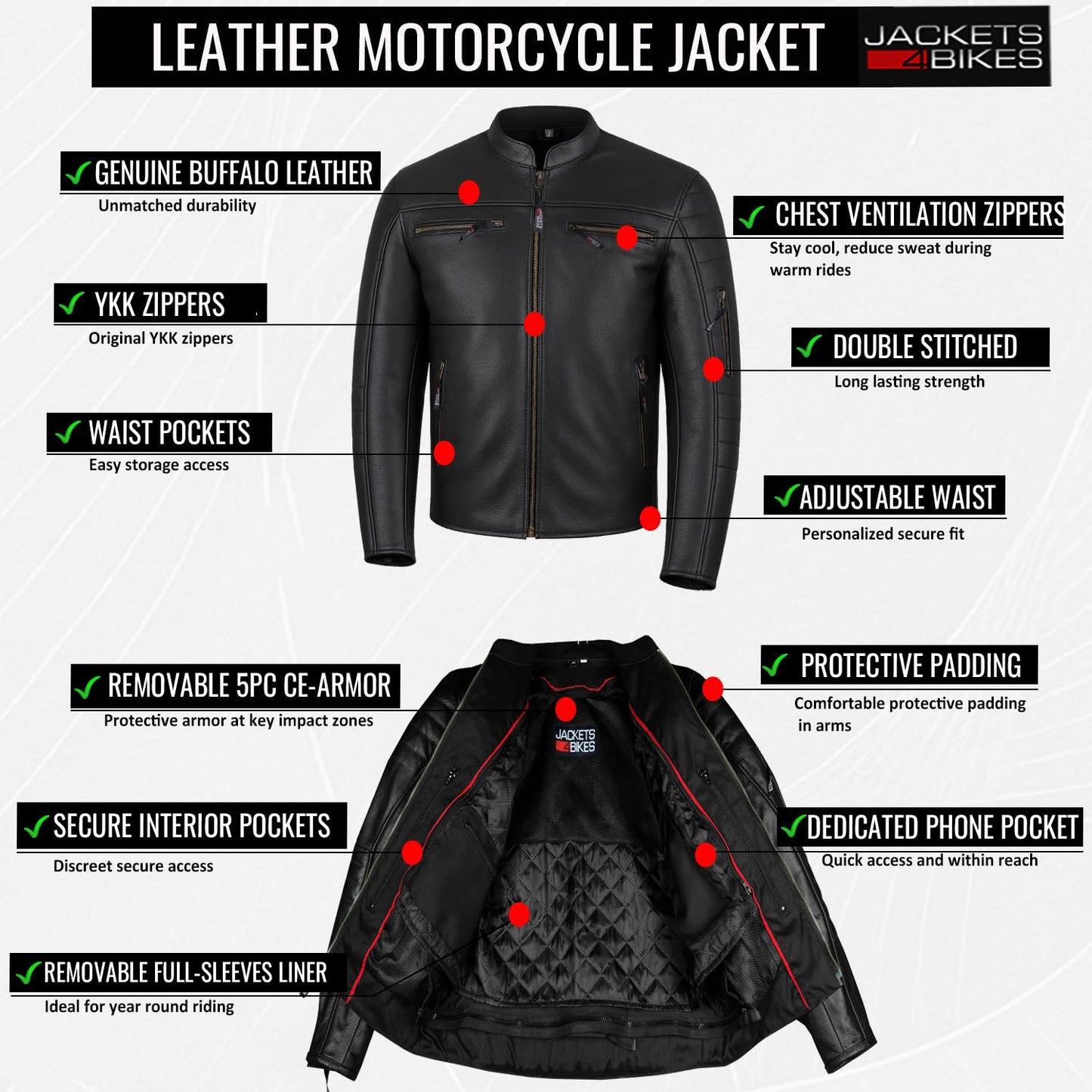 REVOLT Men's Motorcycle Jacket, Natural Buffalo Leather, CE Armor - Ventilation, Cruiser Motorbiker Touring Biker Black L