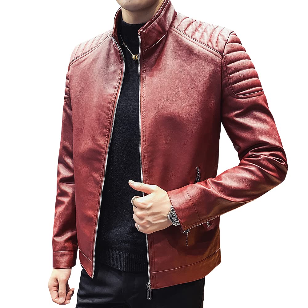 Womleys Mens Casual Stand Collar Slim Fit Faux Leather Jacket Biker Motorcycle Jacket (X-Red, X-Large)
