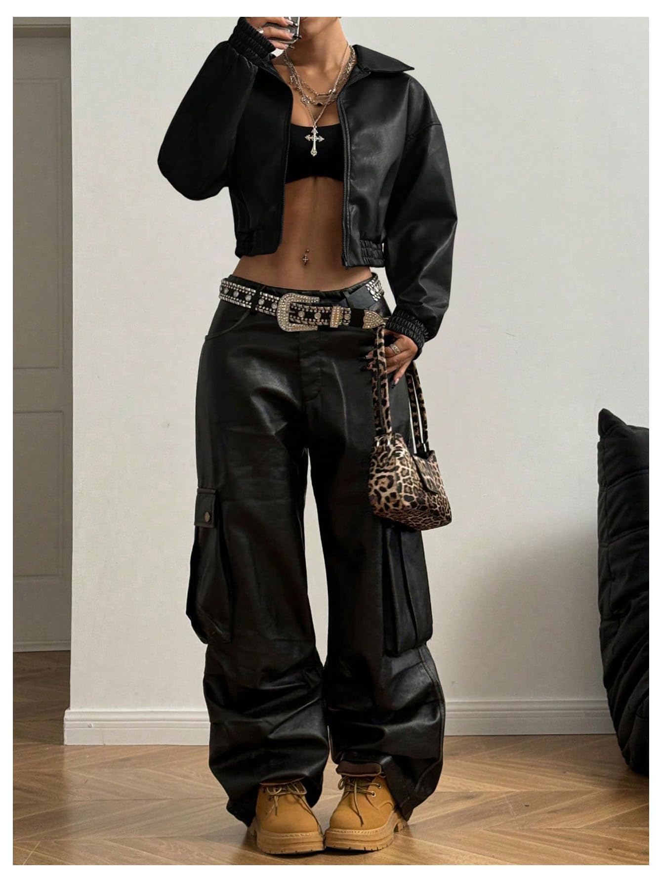 BEAUDRM Women's Y2K Faux PU Leather Jacket Crop Zip Up Motorcycle Coat Long Sleeve Drop Shoulder Motor Bike Jacket Streetwear Black Solid Large
