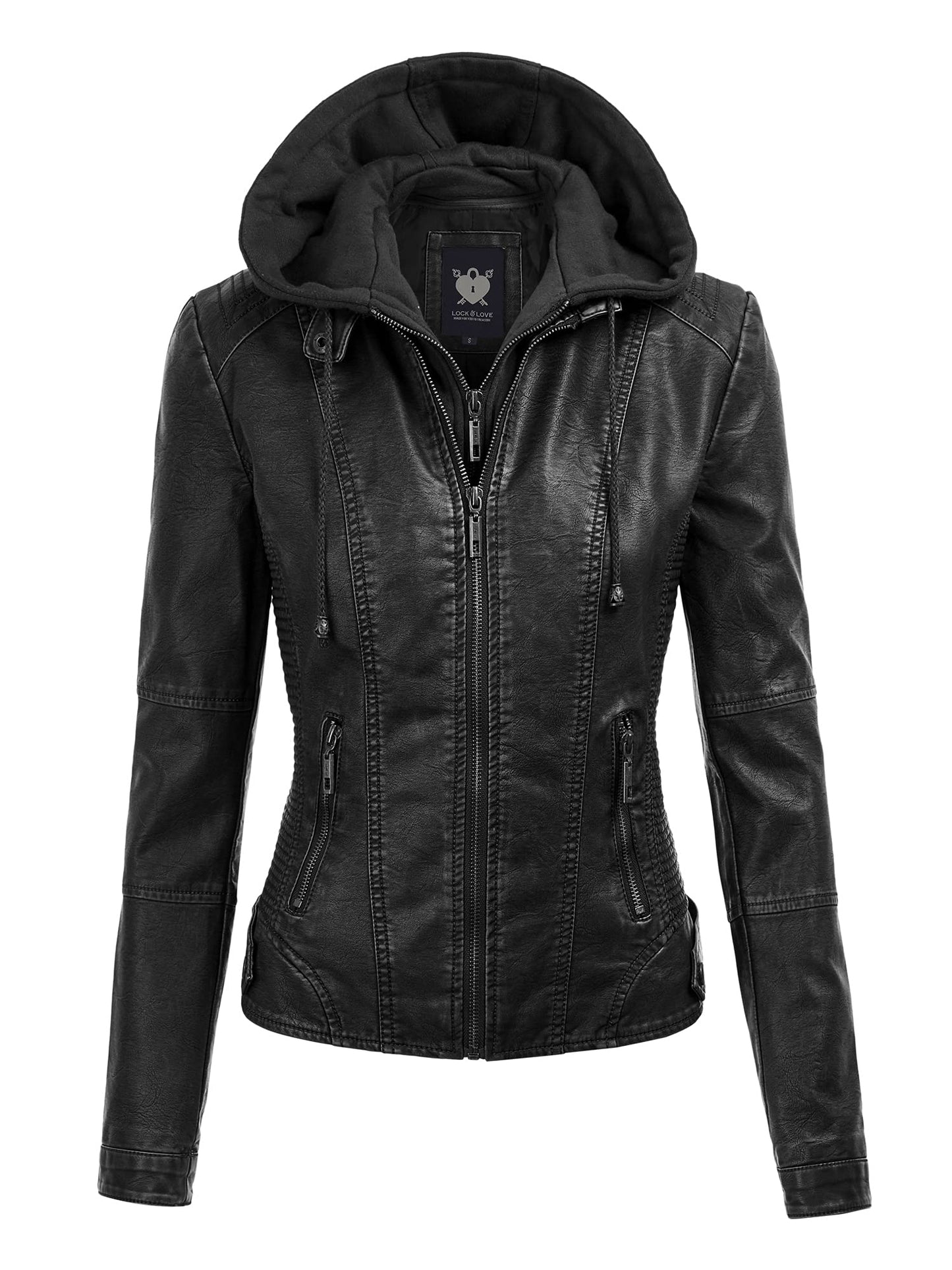 Lock and Love LL WJC1044 Women’s Faux Leather Moto Biker Jacket with Removable Hood – Zip Up Short Coat with Pockets, Fall Fashion Outerwear L Black
