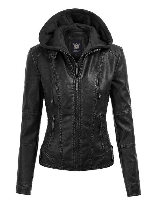 Lock and Love LL WJC1044 Women’s Faux Leather Moto Biker Jacket with Removable Hood – Zip Up Short Coat with Pockets, Fall Fashion Outerwear L Black