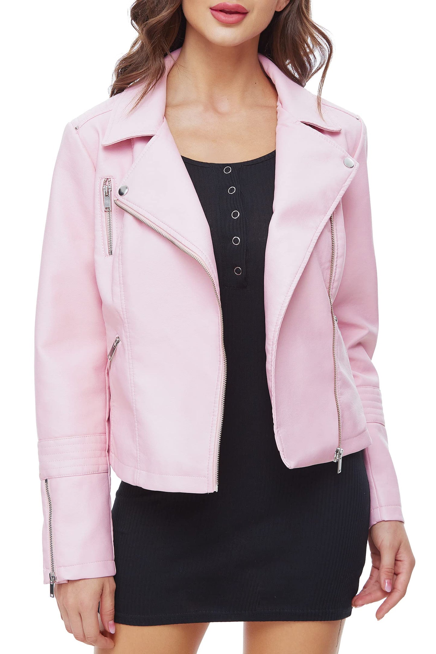 Fahsyee Women's Pink Leather Jackets, Faux Motorcycle Bomber Moto Biker Plus Size Coat Short Lightweight Vegan Pleather Fashion L