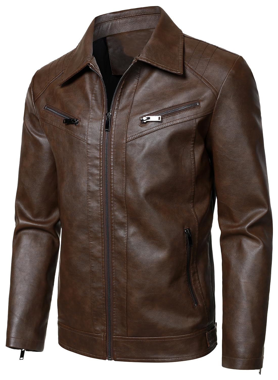 HOOD CREW Mens PU Leather Jacket Classic Style Turn Down Collar Faux Leather Biker Jackets Coffee M