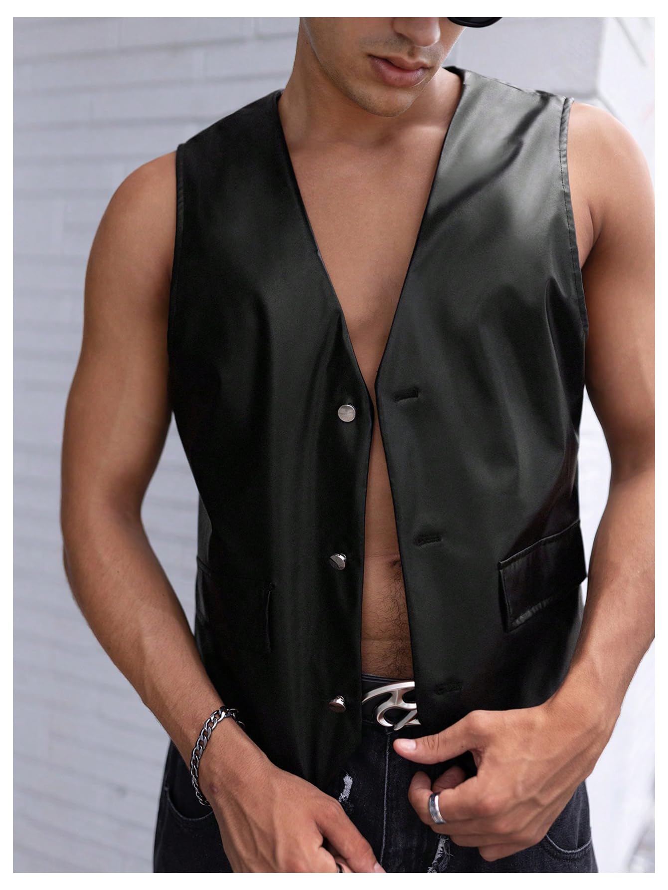 GORGLITTER Men's Leather Vest Casual Button Down Western Cowboy Cropped Vests V Neck Going Out Jacket Black Medium