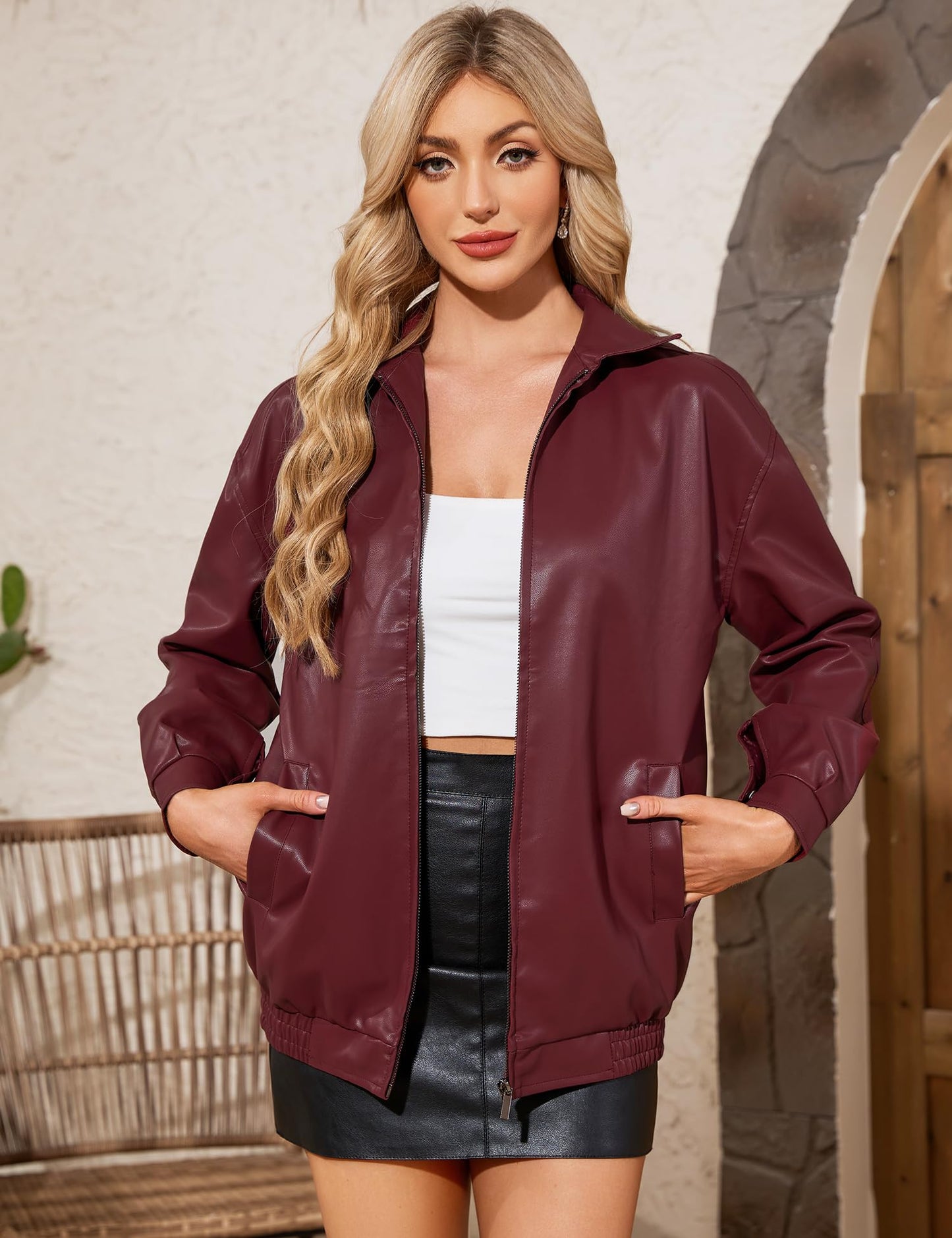 ZEXIGLAD Red Leather Jacket Women Oversized Faux Suede Motorcycle Bomber Winter Coats Zip Up Fall Leather Jackets 2025 with Pocket Wine Red S
