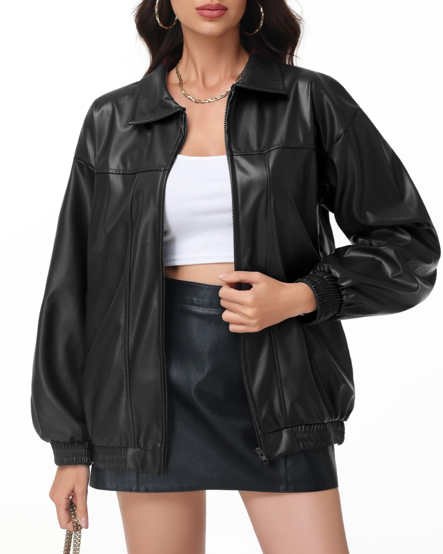 Simlakey Women Oversized Leather Jacket Faux Motorcycle Coat Zip up Long Sleeve Jacket Stylish Clothes 2026(Black,M)