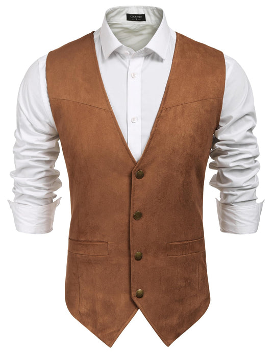 COOFANDY Men's Suede Leather Vest Casual Western Vest Jacket Slim Fit Cowboy Waistcoat (Medium, TypeA-Brown)