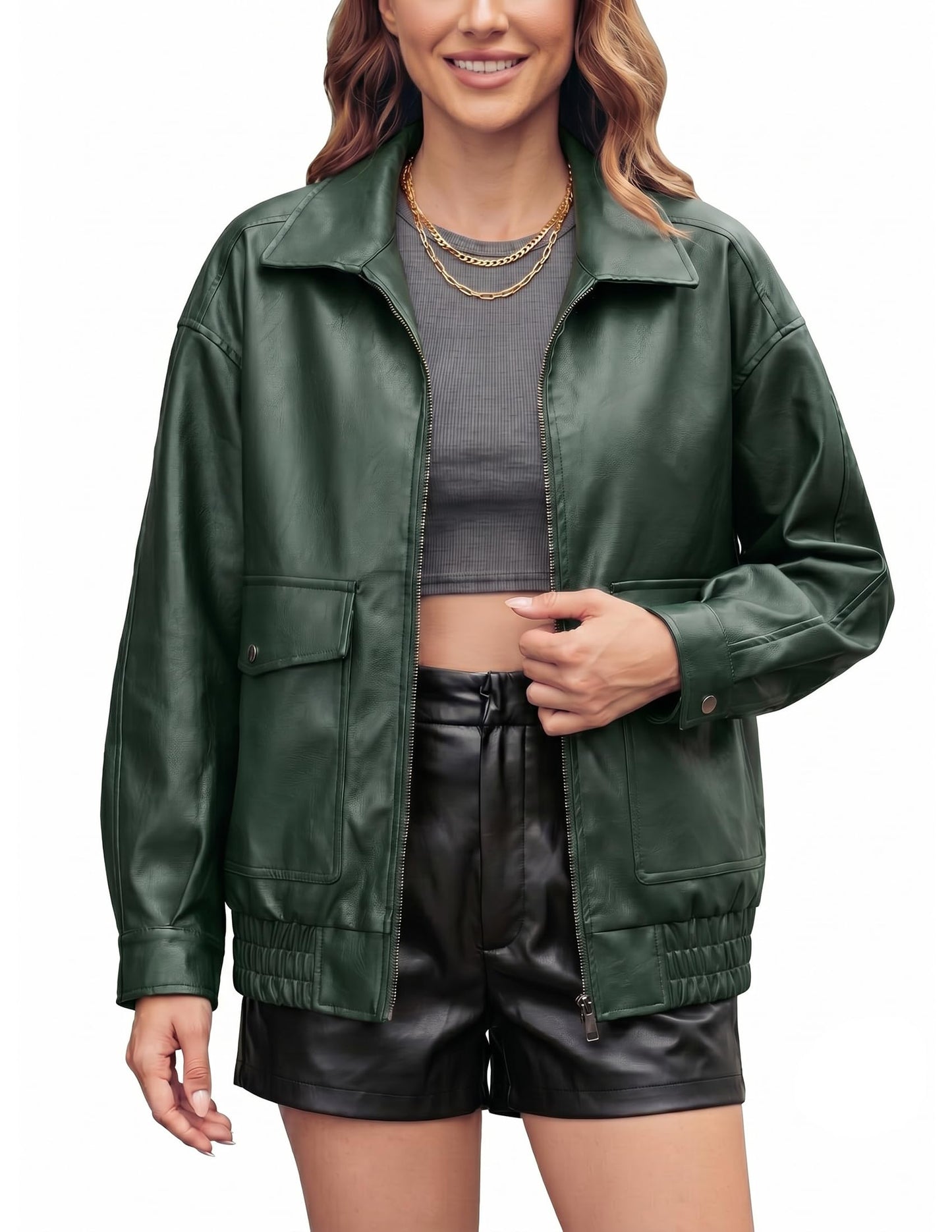 Vanmolrsa Oversize Leather Jacket Women Faux Motorcycle Coats Bomber with Double Pockets,2025 Fall,Winter Fashion Outwear