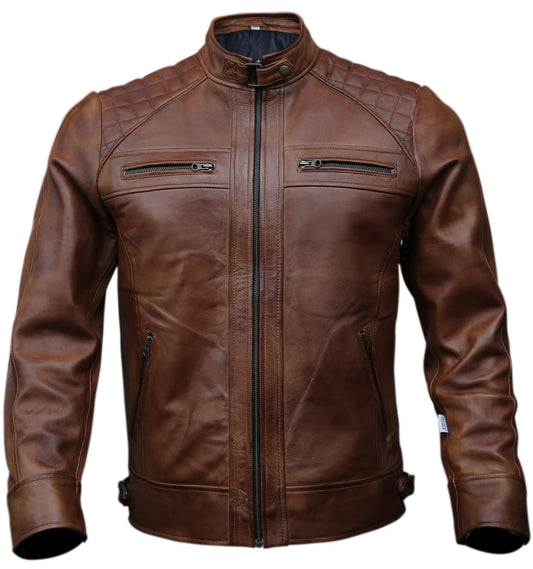 Mens Genuine Leather Biker Jacket Black | Vintage Brown Distressed Lambskin Motorcycle Jackets for Men (Wax Brown, Large)