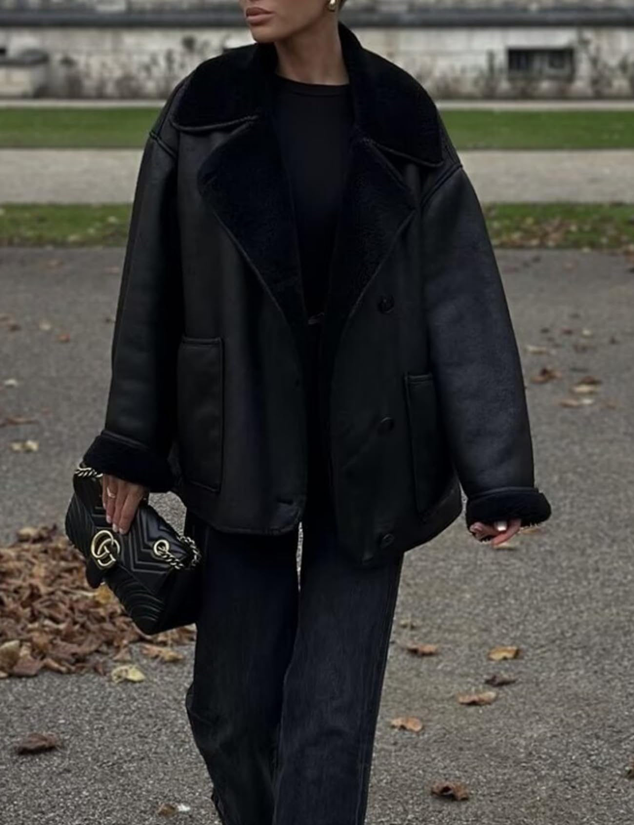 Perbai Women's Lapel Fleece Lined Single Breasted Faux Suede Jacket Oversized Leather Trucker Coat(Black-L)