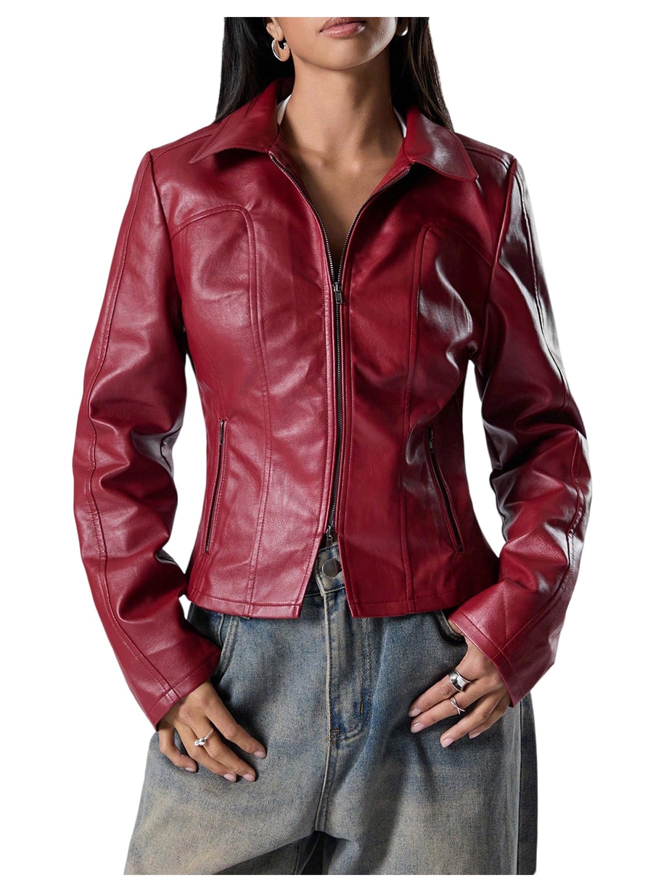 MakeMeChic Women's Cropped Faux Leather Jacket Long Sleeve Zip Up Vintage Biker Motorcycle Concert Coats Burgundy Large