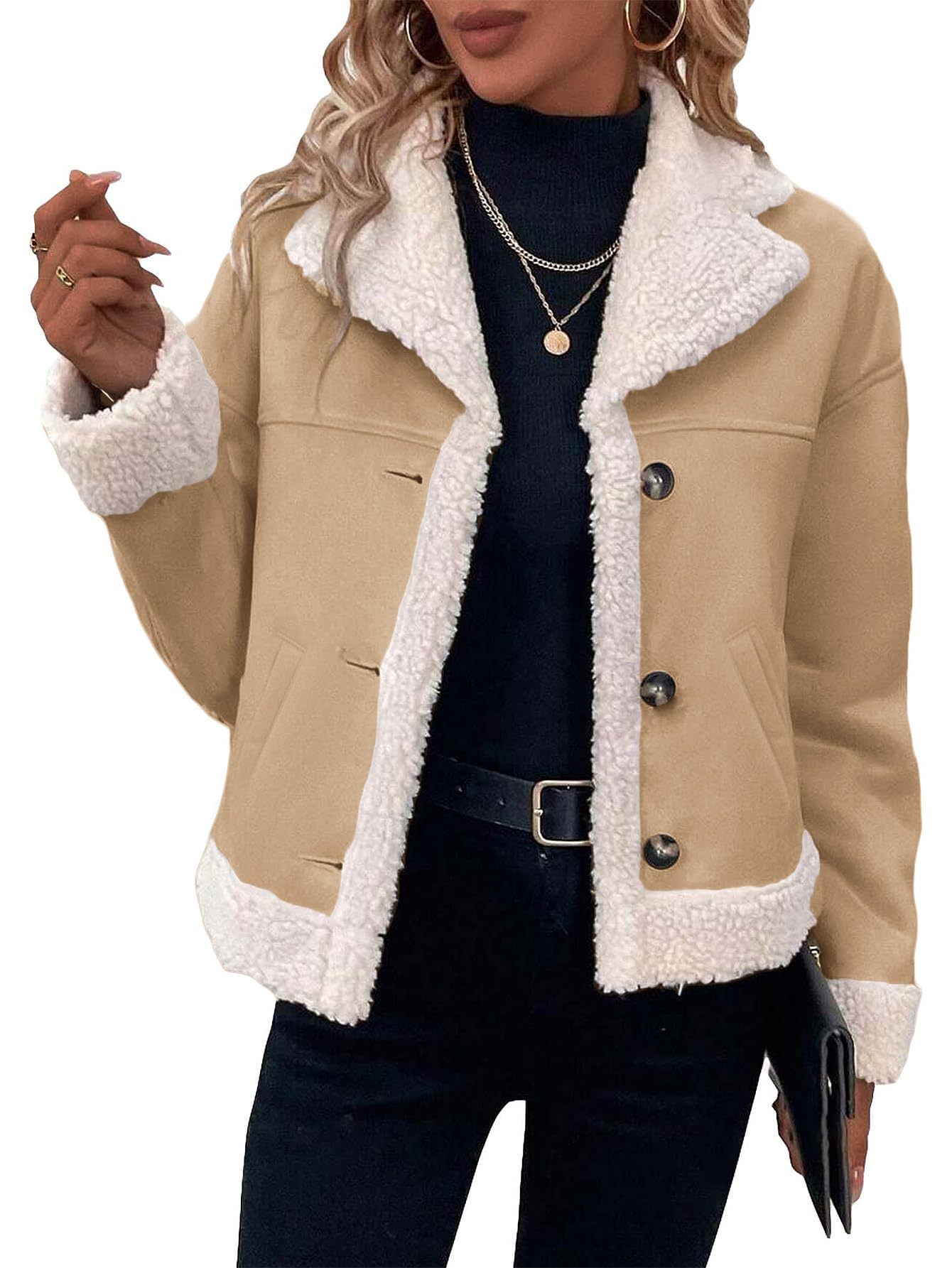 Mina Self Faux Suede Jackets Coats for Women 2025 Winter Brown Cropped Sherpa Fur Leather Jacket Winter Warm Clearance Fleece Fuzzy Shearling Outerwear Short Fashion Trendy Patchwork Casual Coat