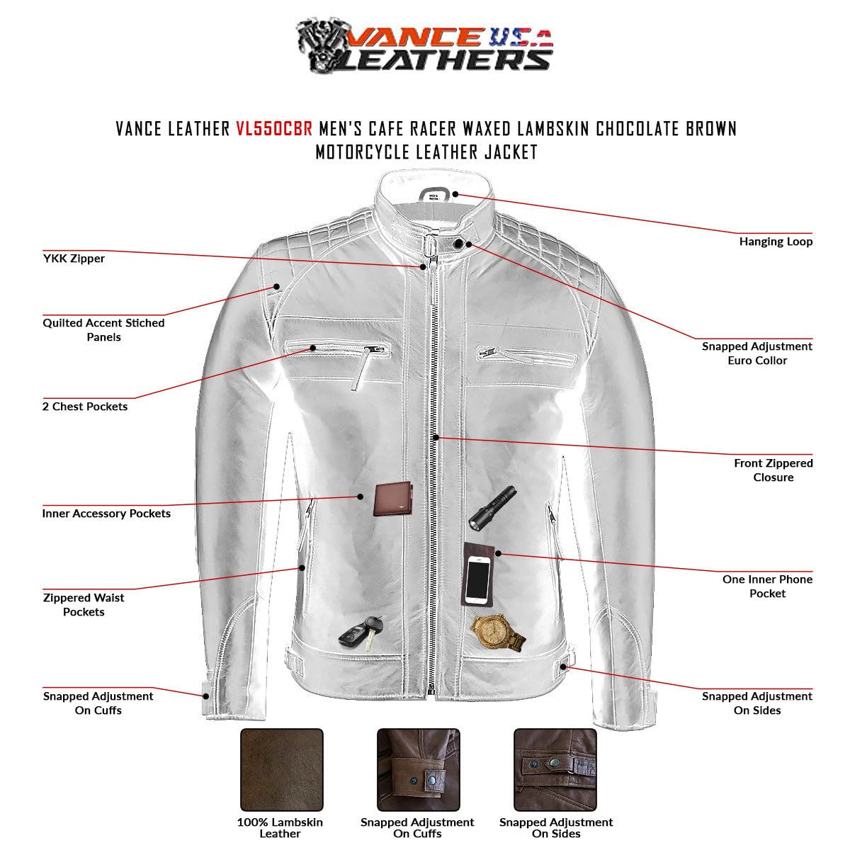 Vance Leather' Men's Cafe Racer Waxed Lambskin Chocolate Brown Motorcycle Leather Jacket (M, Chocolate Brown)