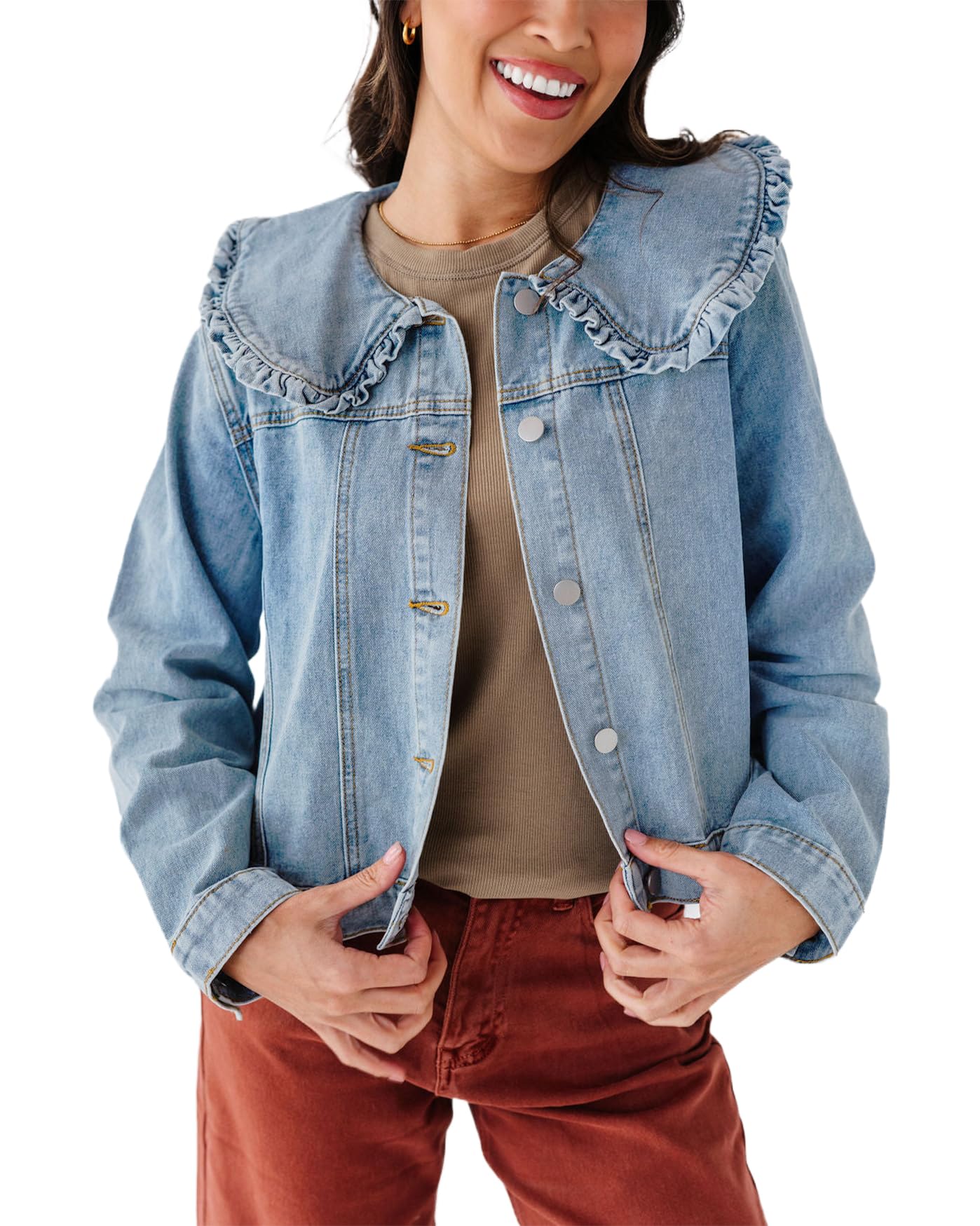 Kedera Women's Peter Pan Collar Denim Jacket Long Sleeve Button Down Jean Jackets with Pockets