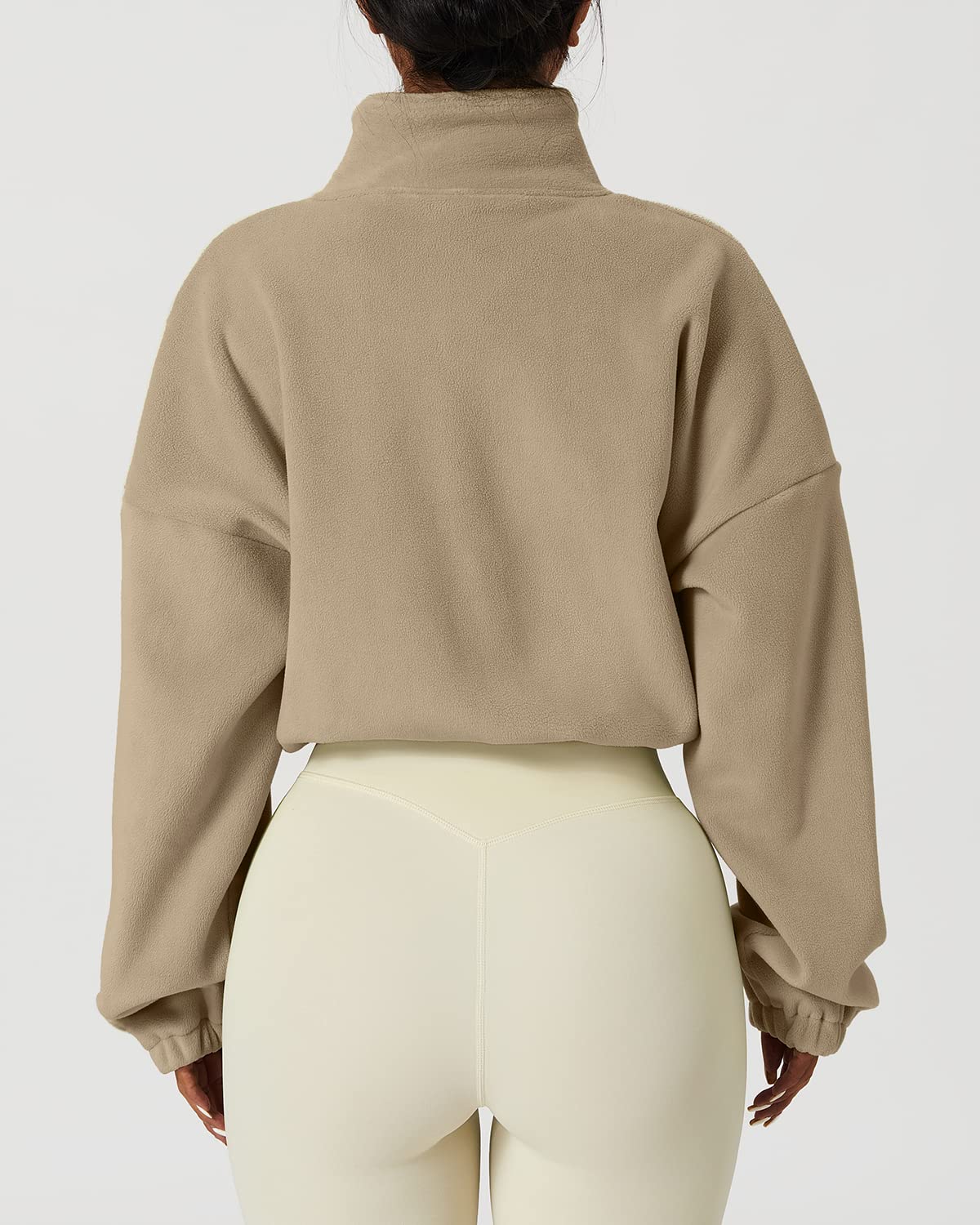 QINSEN Thick Fleece Sweatshirt Full Zip Stand Collar Winter Crop Coat Long Sleeve Baggy Bomber Jacket Camel M
