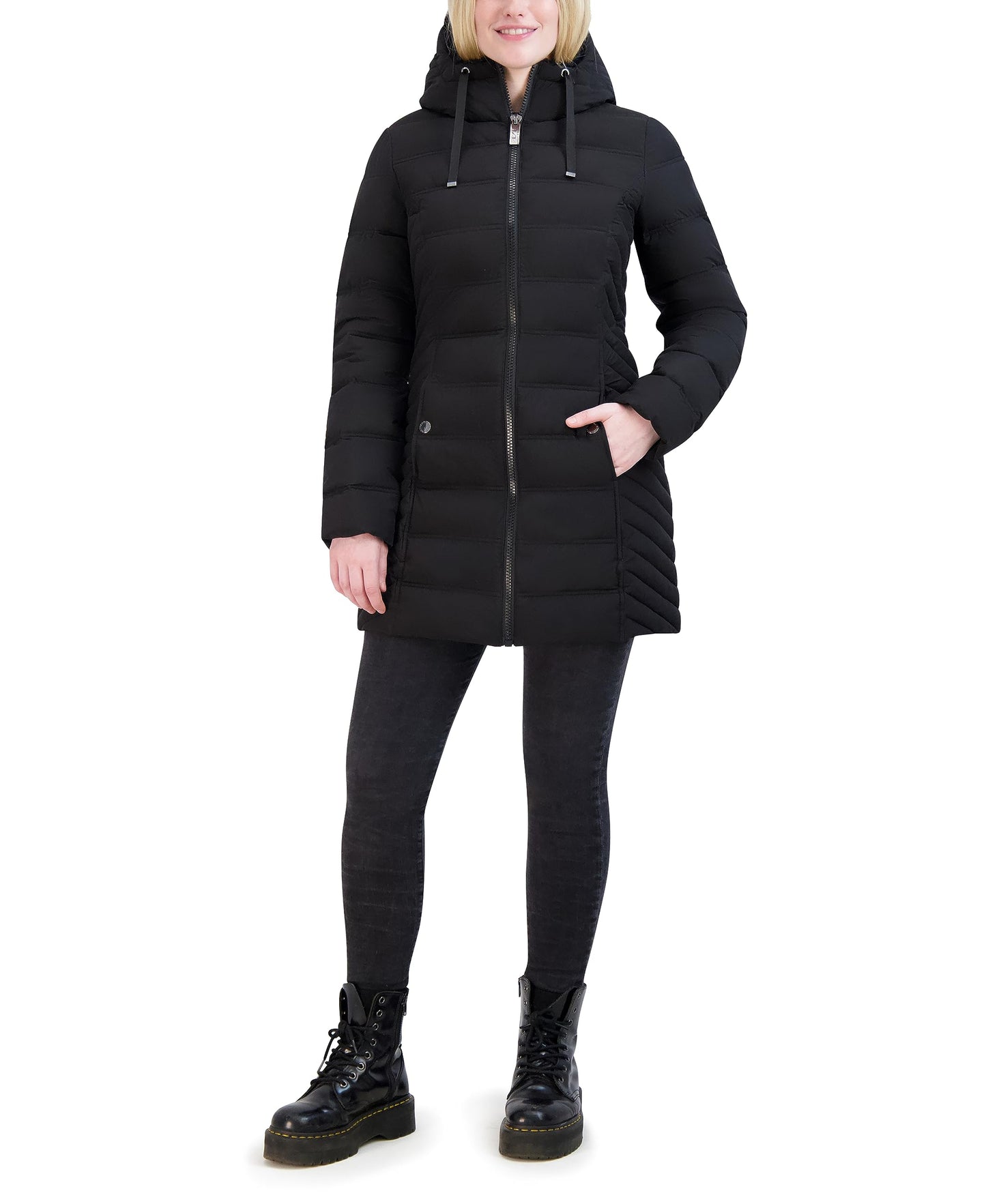Nautica Women's Stretch Quilted Puffer Jacket– Winter Coat with Detachable Hood & Storm Cuffs, Jet Black, Large