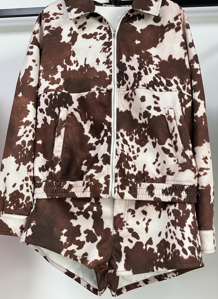 TELUPDI Women’s Cow Print Suede Jacket Set Casual Animal Print Cropped Coat Long Sleeve Button Up Western Motorcycle Outwear (US, Alpha, X-Large, Regular, Regular, BROWN)