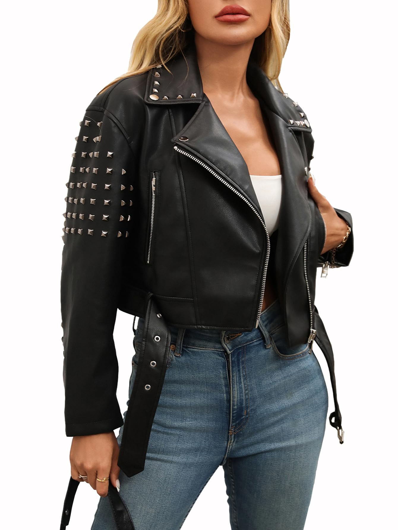 LY VAREY LIN Women's Rivet Studded Faux Leather Cropped Moto PU Jacket Punk Streetwear Coat