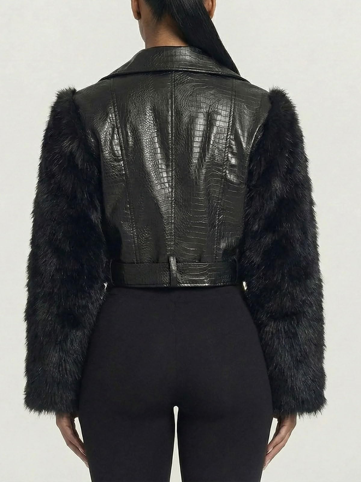 Akmipoem Leather Jacket Women Cropped PU Moto Coat Faux Fur Sleeve Short Biker Jackets Fall Streetwear with Belt Black XL