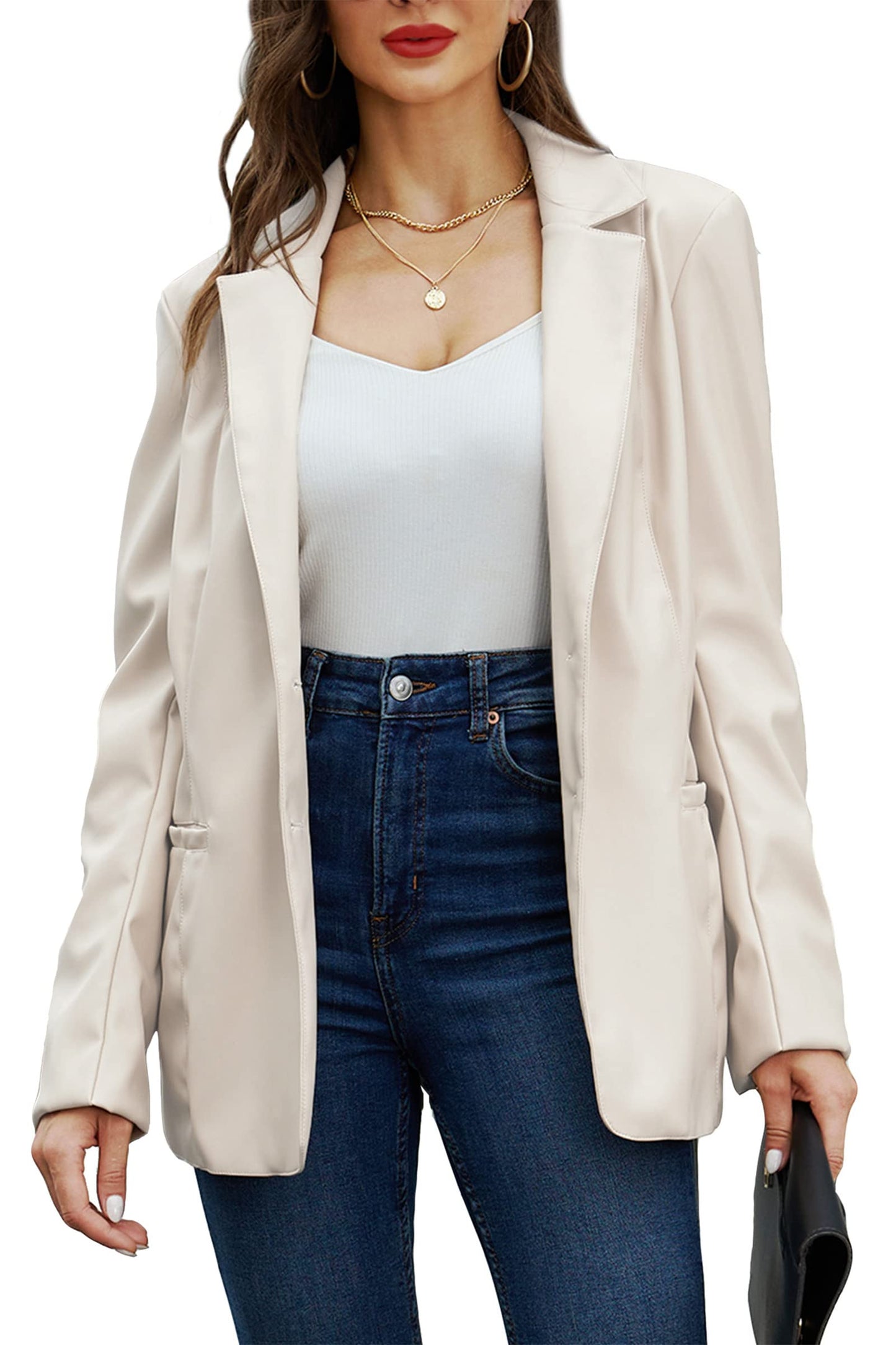 RISISSIDA Women Faux Leather Blazer Jacket,Soft PLeather PU Coat,White,M